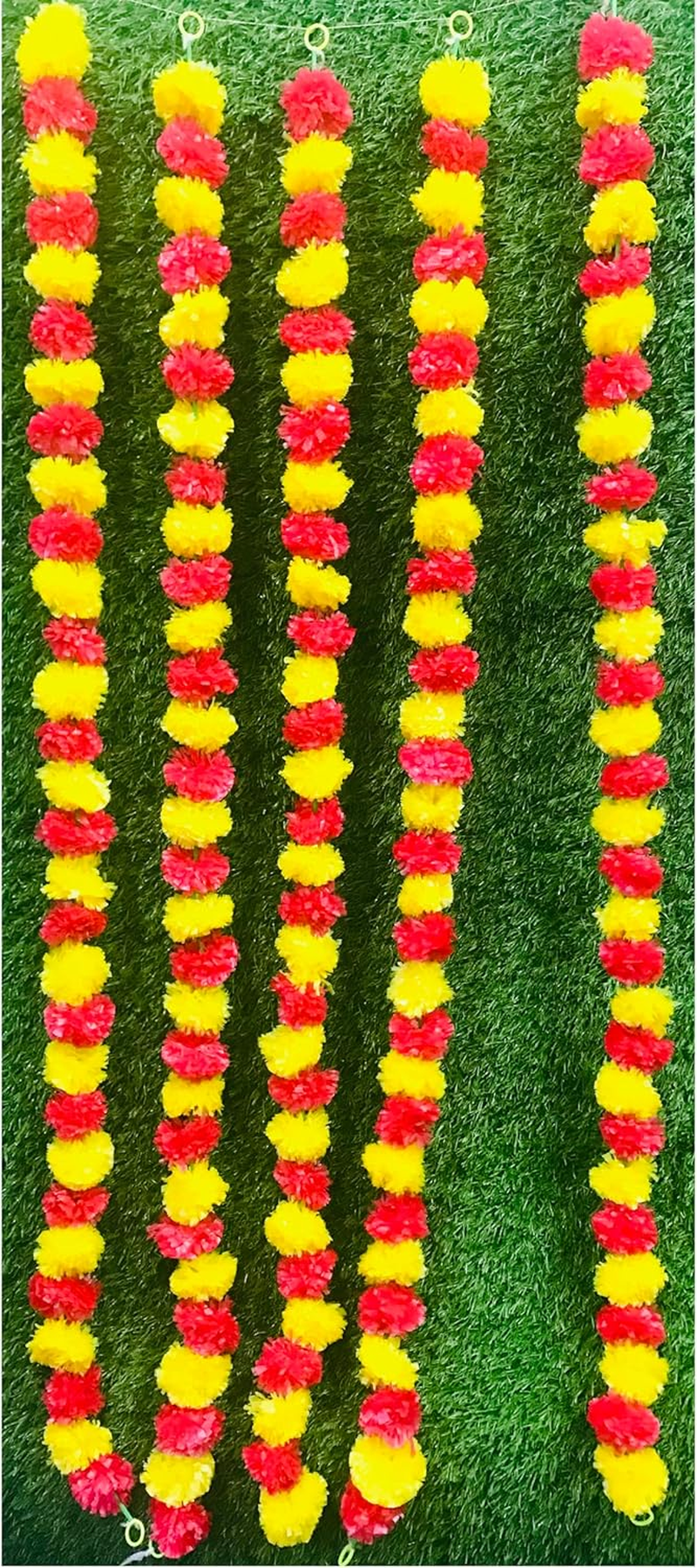 Artificial Flower Marigold Flower Garland 5 String Party Genda Phool Mala 5 Feet Long Each String for Home Diwali Decoration Margenta and Yellow image number 1