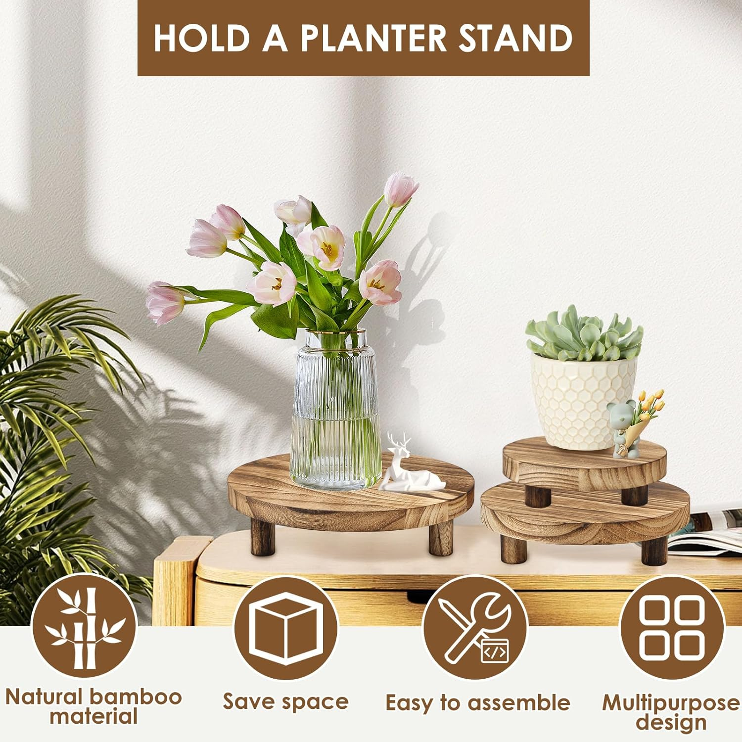 ZLHETWT Wooden Stool Display Stand, Wood Plant Stand, Wood Riser with Removable Feet Holds up to 50Lbs Wood Plant Riser Stand Practical Wood Plant Holder for Indoor Outdoor Home Patio D&eacute;cor image number 2