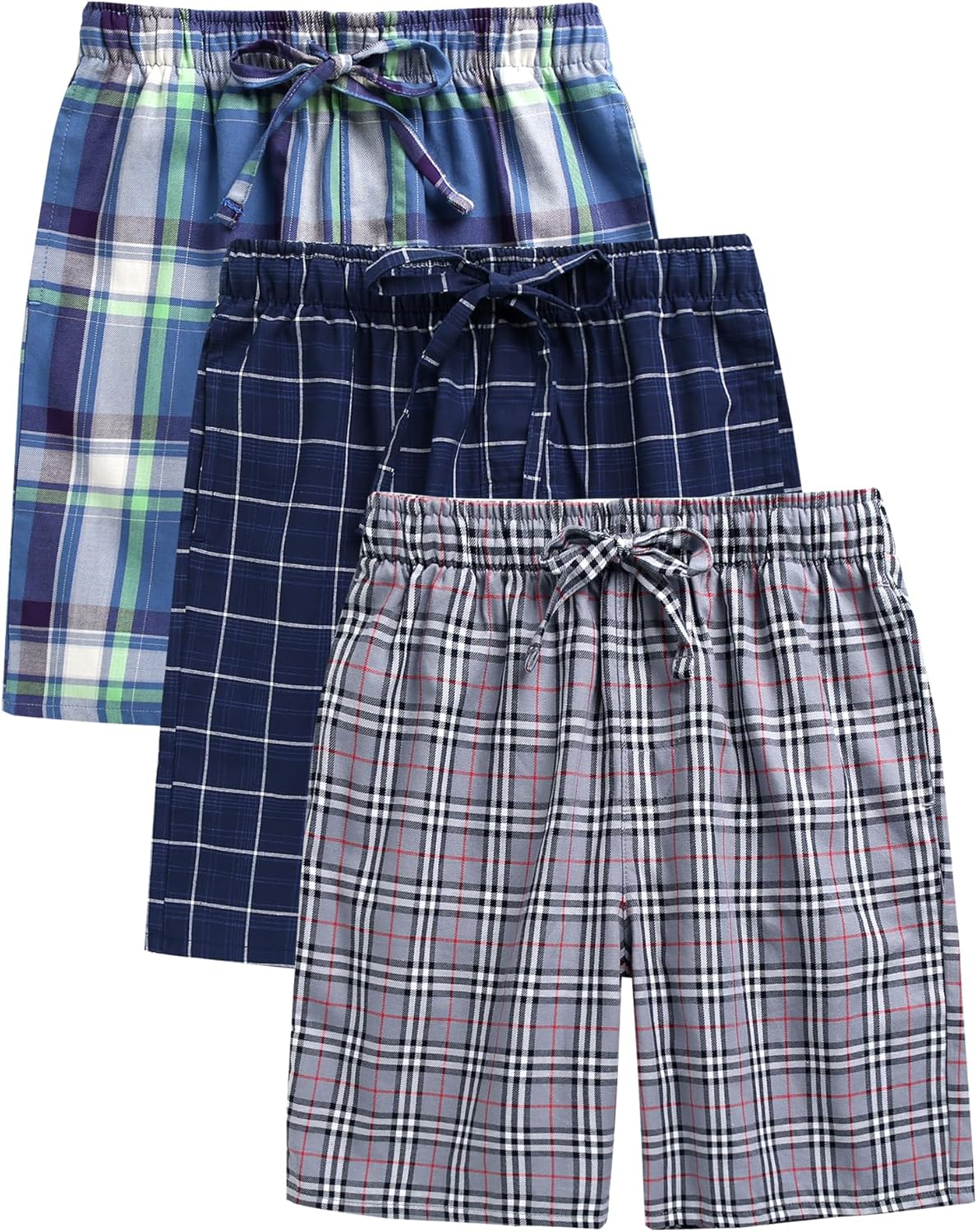 Kids Boys Woven Plaid Check Cotton Soft Lightweight Long Shorts Drawstring Pants with Pocket