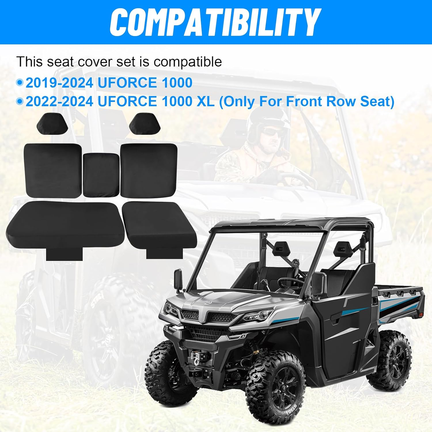 Starknightmt UTV Seat Covers, 1680D Waterproof, Compatible with 2019-2024 CFMOTO UFORCE 1000, 2022-2024 UFORCE 1000 XL Front Seat Accessories (Black) - Black image number 6
