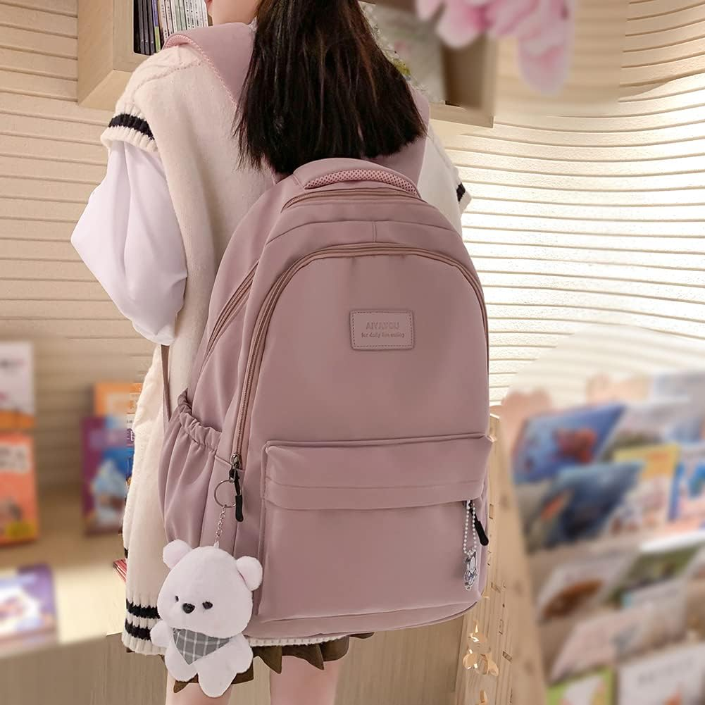 ALINUOYQ Student Schoolbag Large Capacity Ladies Bookbag with Cute Pendant Simple Adjustable Strap Fashion for Teenage Girls image number 2