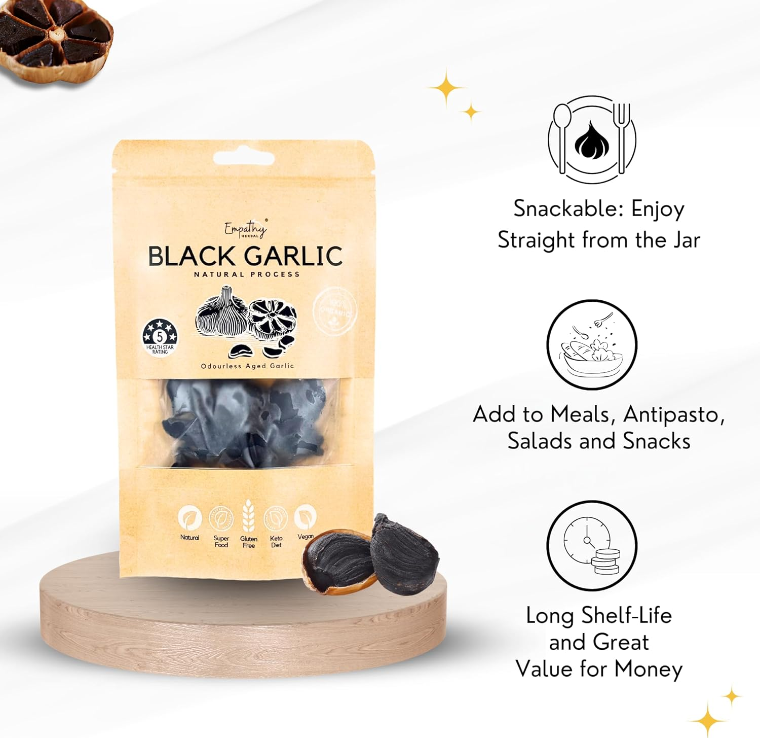 Empathy Herbal Premium Organic Black Garlic Peeled Cloves - Odorless & Delicious (40G) image number 5