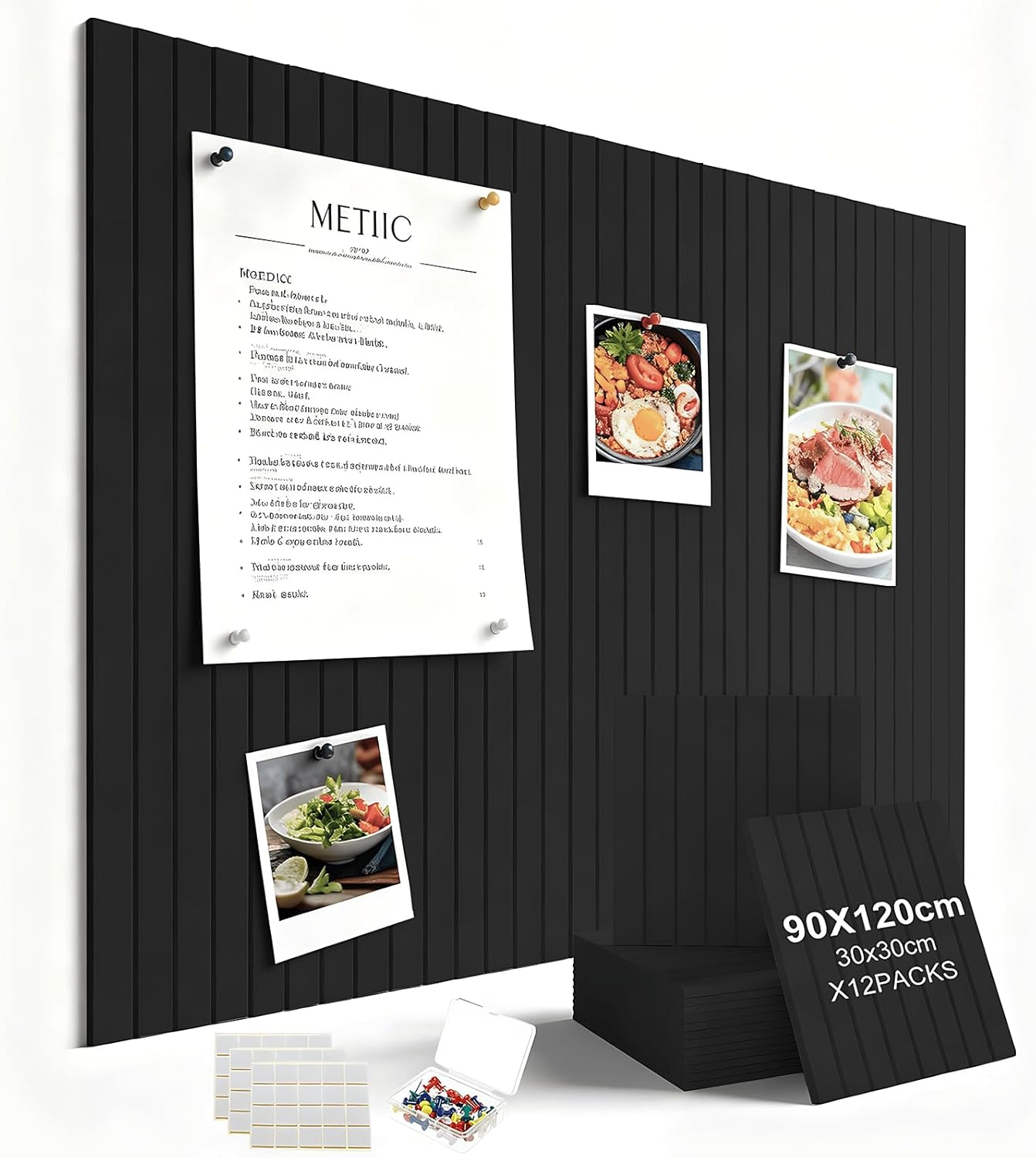 Large Cork Boards for Walls Alternative, 12 Pack with 60 Safe Removable Adhesive Tabs, 35 Pushpins, 120X90Cm Slat Wall Paneling for Walls Cork Board, Room Decor Home Office Classroom Pin Board (Black)