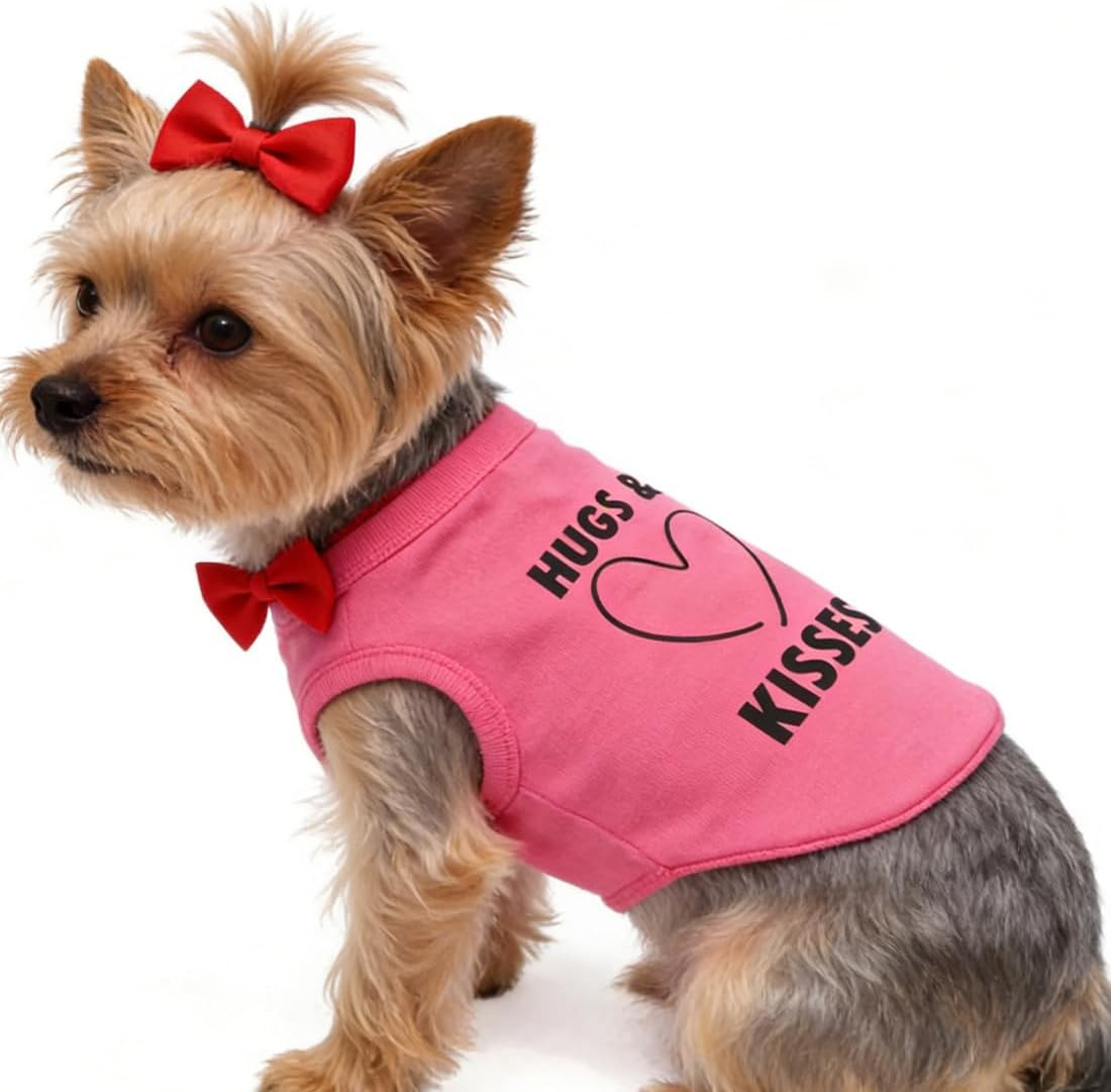Hugs & Kisses Print Dog T Shirt, Breathable Cotton Clothes for Cats Dogs Yorkie, Pet Apparel Outfit for Birthday Valentine'S Day, Dog Lovers (Neck Girth 12.99'') image number 2