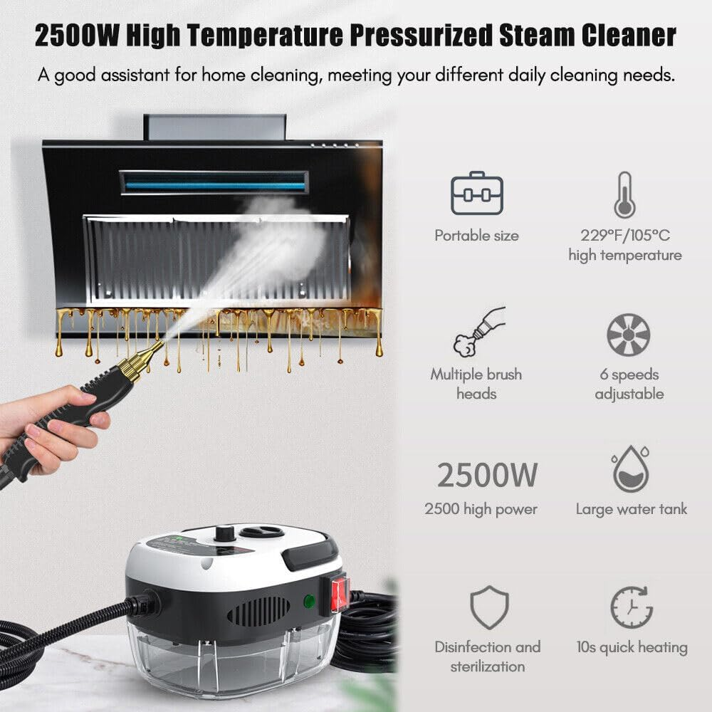 2500W Portable Handheld Steam Cleaner - High Temperature Pressurized Steam Cleaning Machine with 3 Brush Heads, Large Water Tank, Adjustable Settings for Kitchen, Bathroom, Car, Furniture (White) image number 1