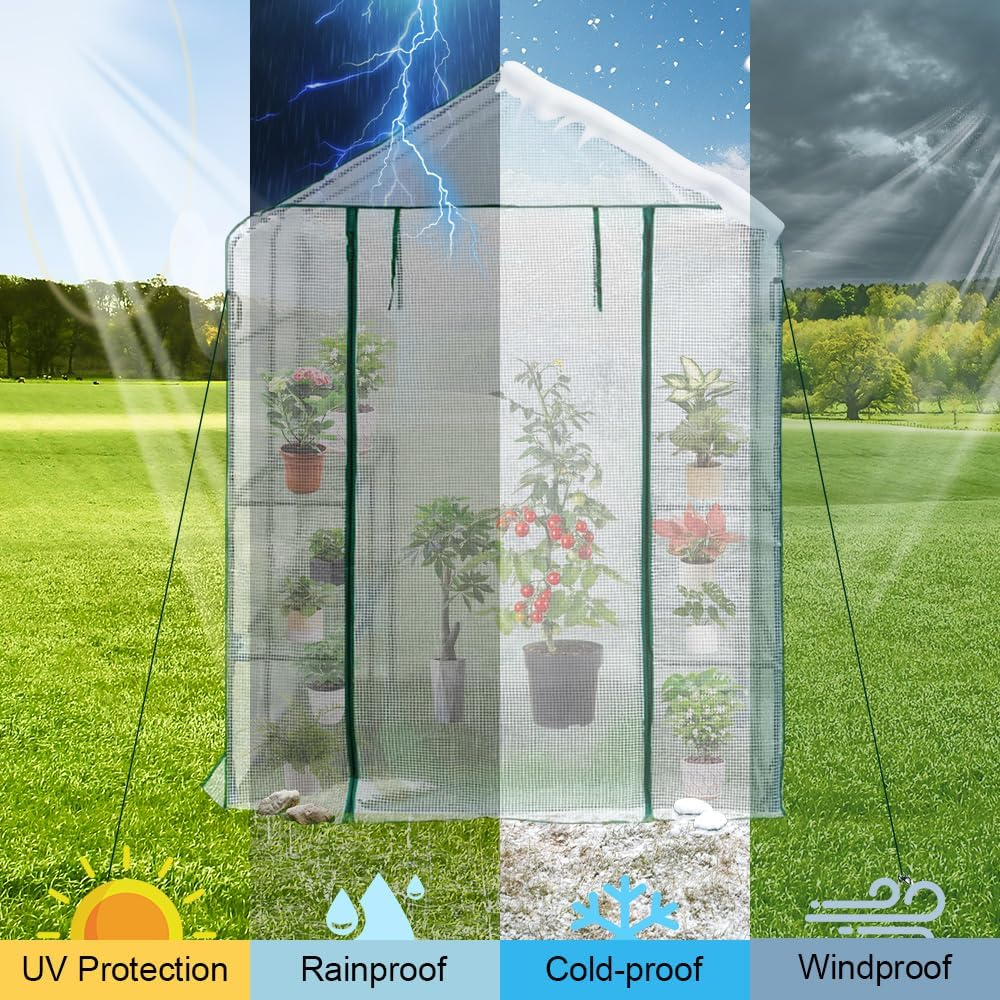 ALSTON Greenhouse Walk-In Tunnel 3 Tier Planting Shelves 143X143X195Cm Strong Stability with PE Cover Roll-Up Zipper Door and Window for Outdoor Vegetable Plants image number 4