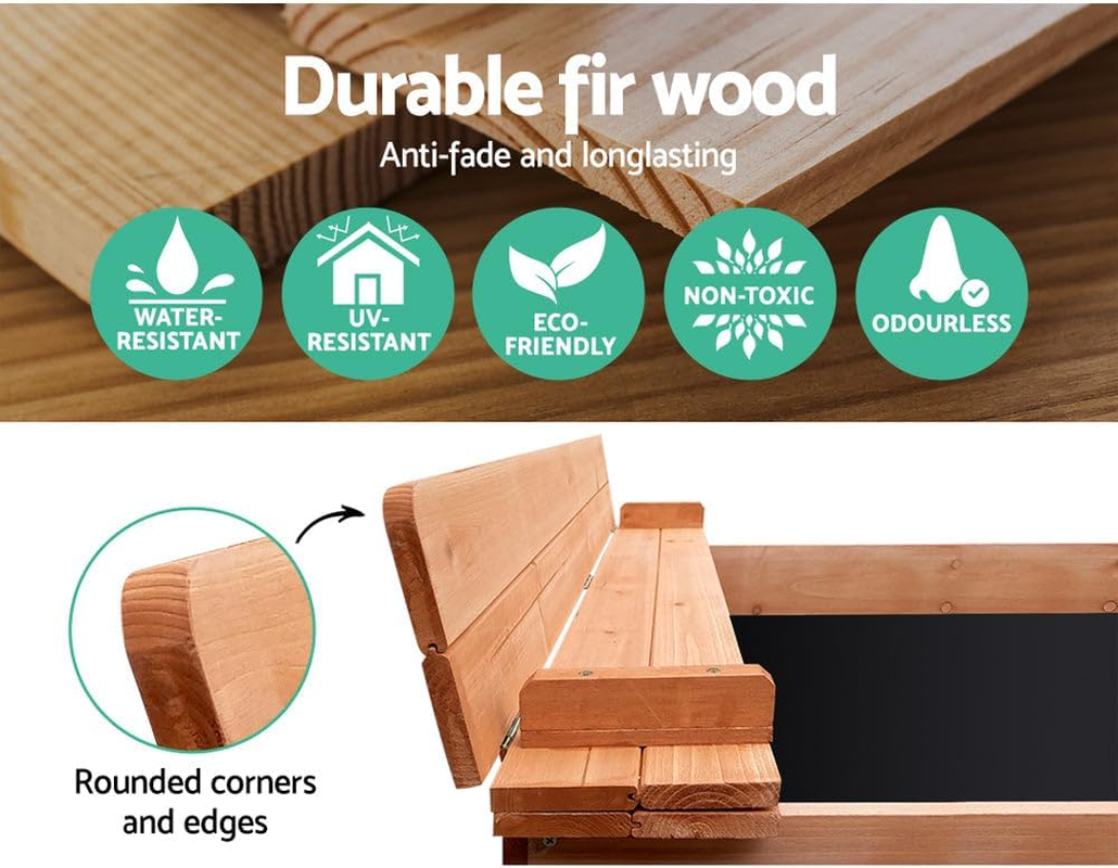 Keezi Kids Sandpit, Wooden Water Table Sand Pit Play Toys Sandcastle Garden Patio Beach Activity Outdoor Toy Games, with Ground Sheet Foldable Seat Rounded Corners Nature Wood