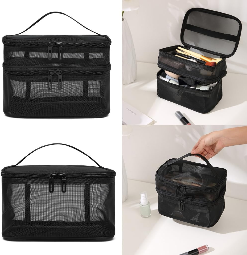 DDPOND Makeup Bag Nylon Mesh Toiletry Bags Single/Double Layer Cosmetic Brush Organizer Pouch Waterproof Case for Personal Care image number 3