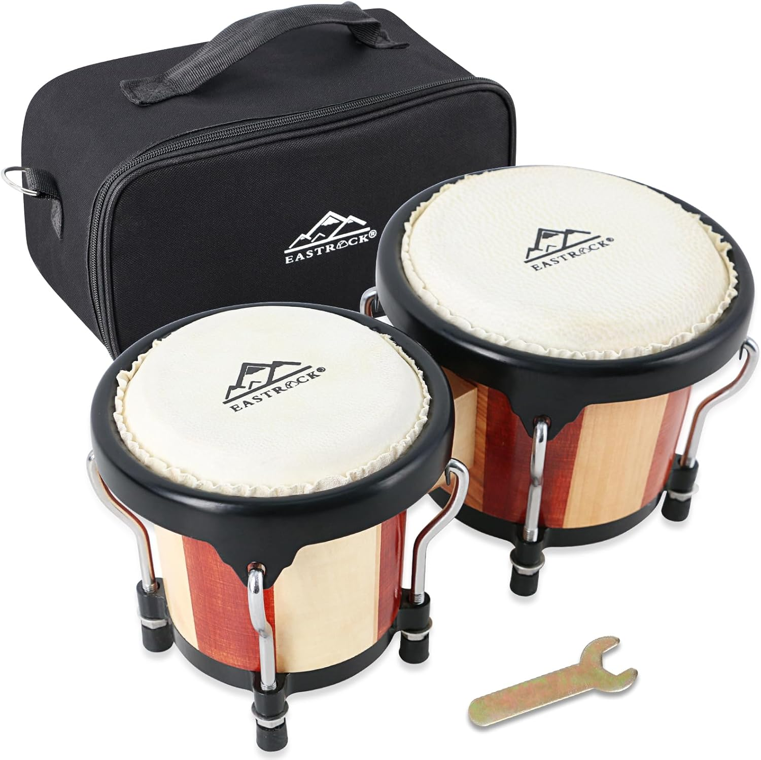 EASTROCK Bongo Drums 4" & 5" Set for Adults & Beginners - Authentic Natural Skin Heads & Durable Plastic Shell, Portable Bongos with Tuning Wrench (Brown)
