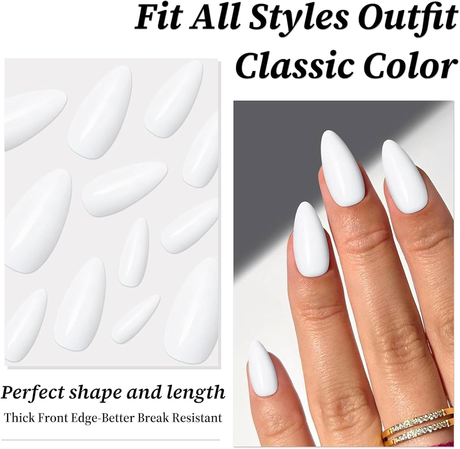 Lunarcharm 240 Pieces White Almond Press-On Nails Medium Size False Nails, Artificial Nail Tips - Black image number 5