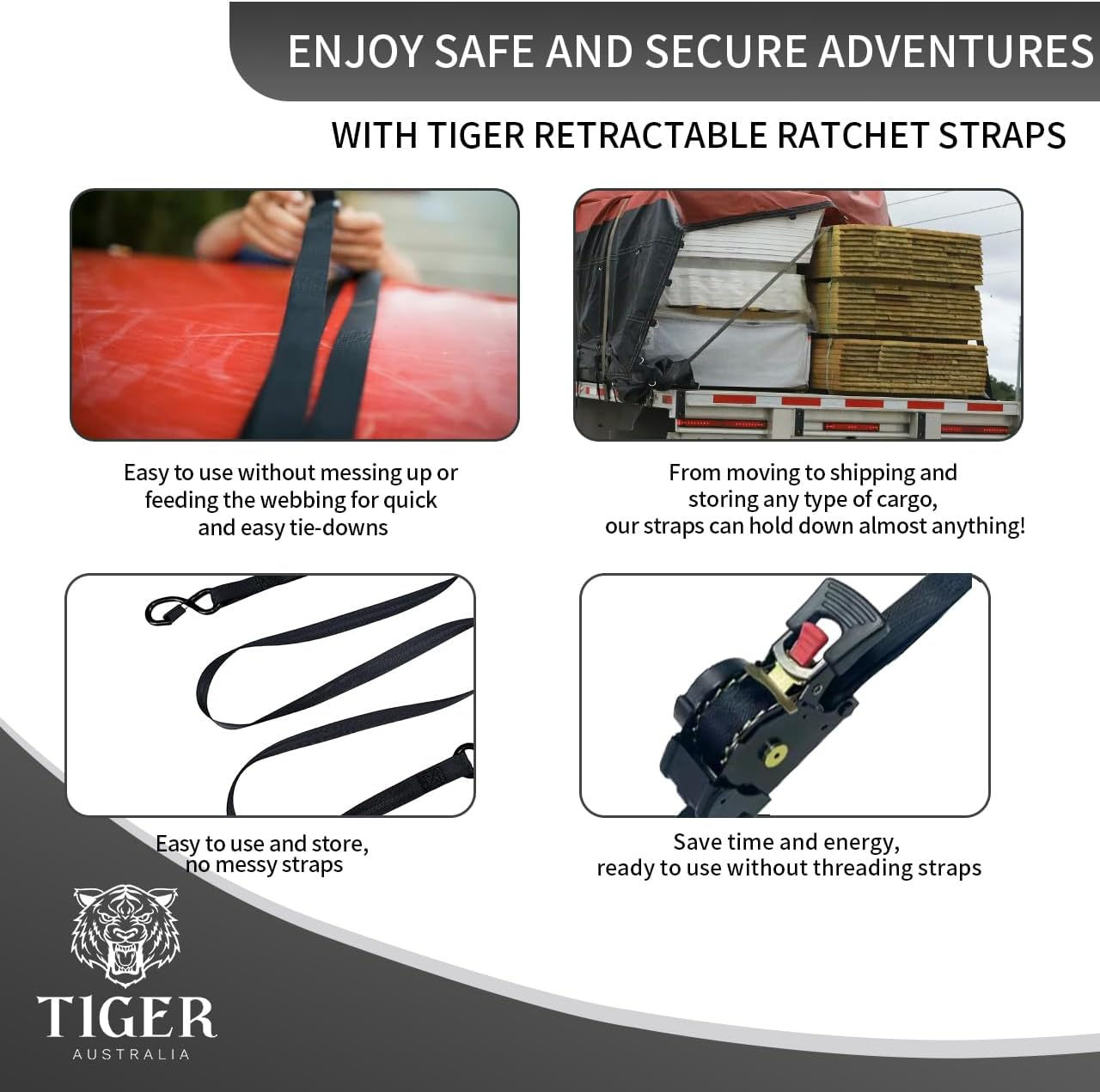 Tiger Australia Retractable Ratchet Straps 4 Pack &ndash; 25Mm X 4.5M Tie down Straps, 800KG Break Strength, with S-Hooks and Storage Bag, for Trailers, Utes, Boats, Moving image number 3