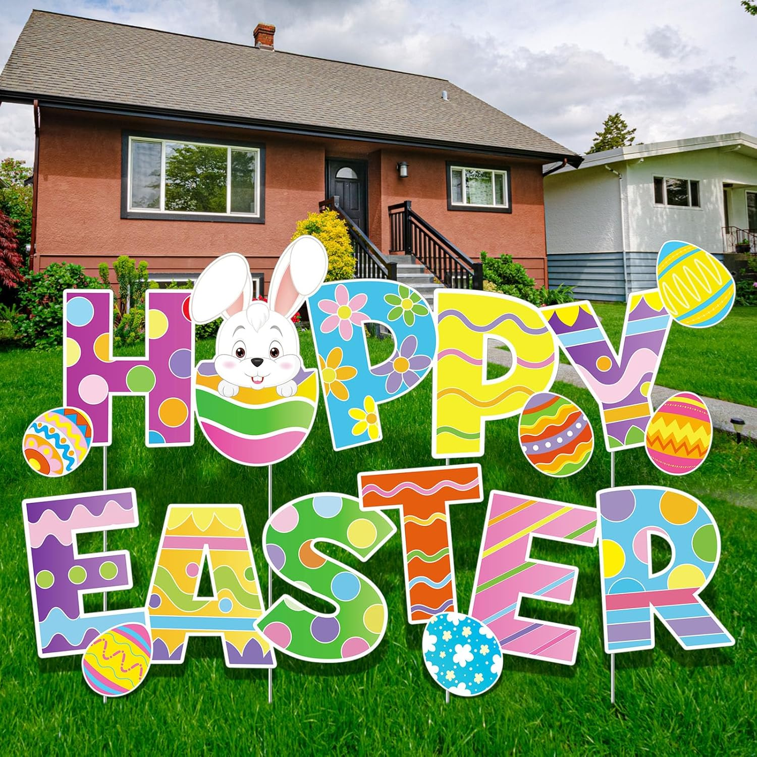 Yalikop 4 Pcs Happy Easter Yard Signs Decorations Outdoor Lawn Decorations Eggs Yard Stake Sign Bunny Outdoor Decorative Stake Signs with 16 Plastic Stakes for Garden Easter Party Supplies Prop image number 1