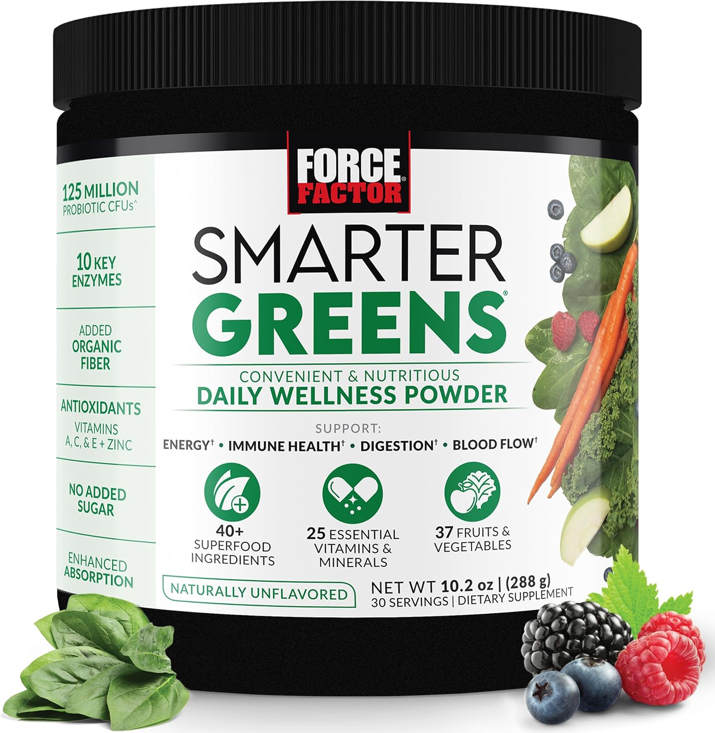 Force Factor Smarter Greens Daily Wellness Powder to Support Energy, Immunity & Digestion, Greens Powder, Superfood Powder with Vitamins, Minerals, and Probiotics, Naturally Unflavored, 30 Servings
