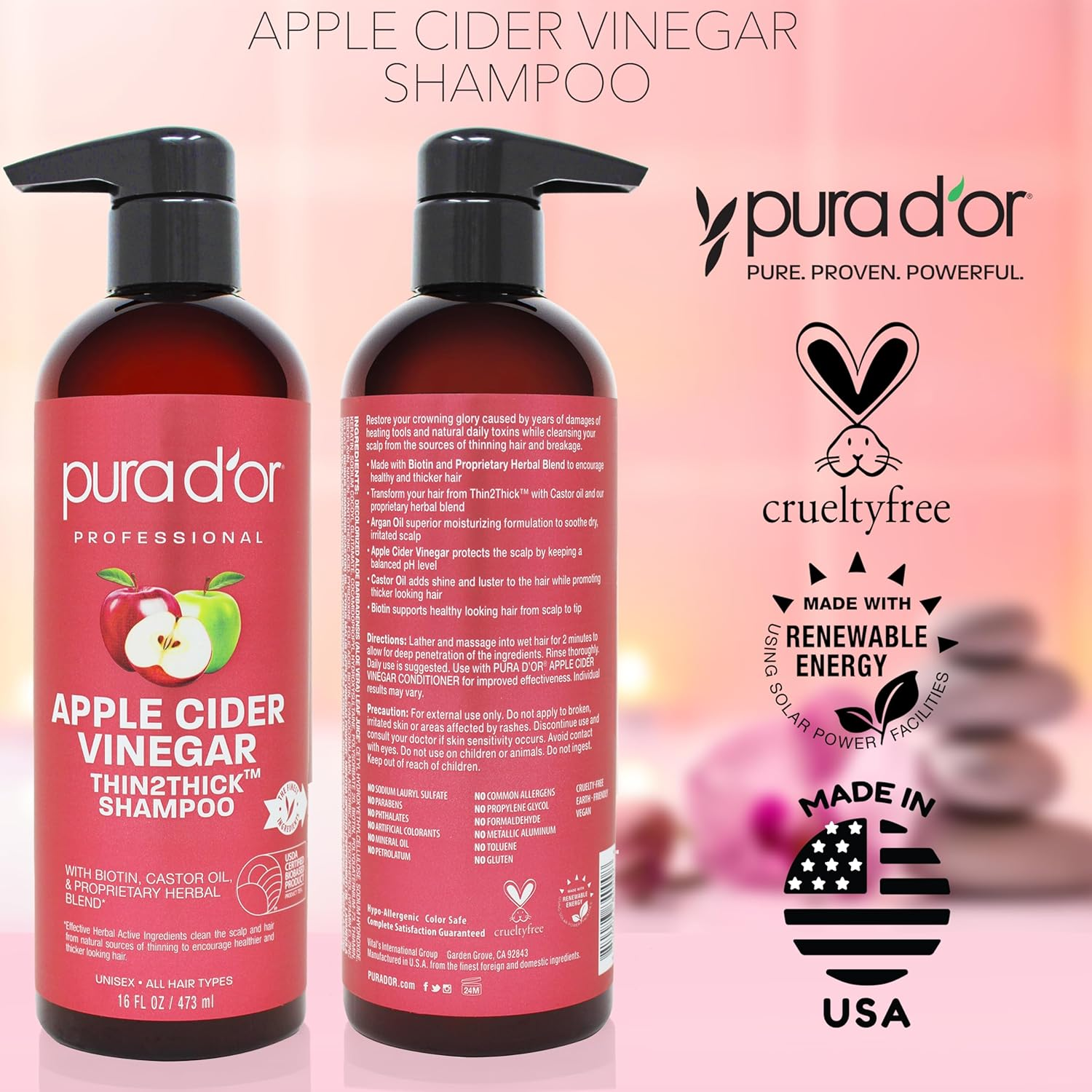 Pura D'Or, Professional, Apple Cider Vinegar, Thin2Thick, Shampoo, 16 Fl Oz (473 Ml) image number 1