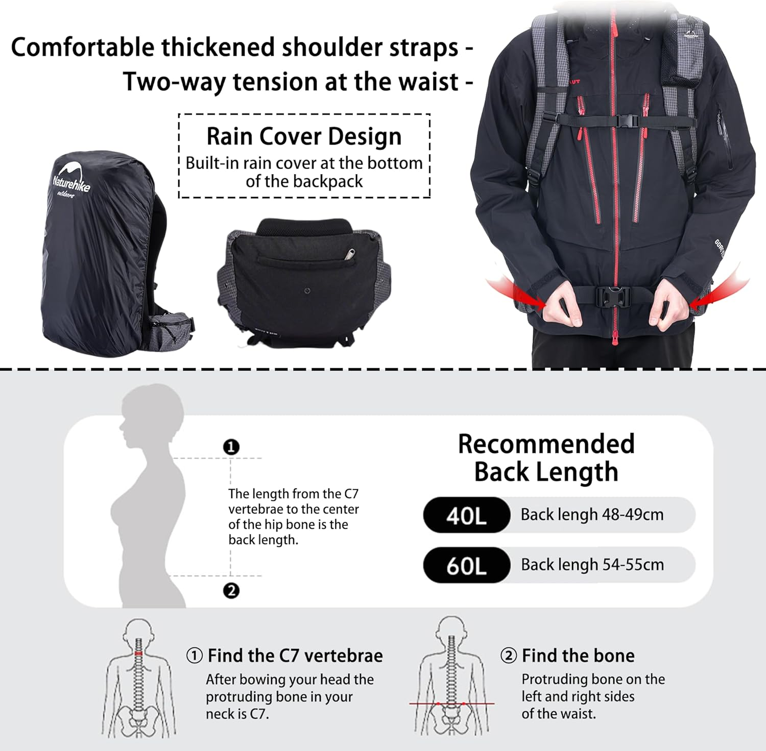 Naturehike Rock-40L/60L+5L Internal Frame Hiking Backpacking Backpack, Camping Waterproof Bag, Ultralight Outdoor Daypack with Rain Cover for Hiking, Backpacking,Camping Survival image number 5