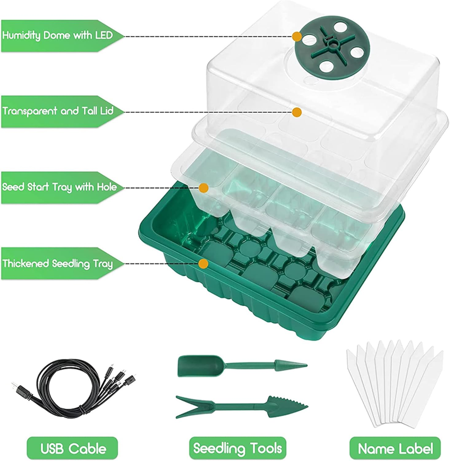 5 Pack Seed Starter Tray with Grow Light Humidity Domes, 60 Cell Trays Germination Station Cloning Kit (Green) - Green image number 6