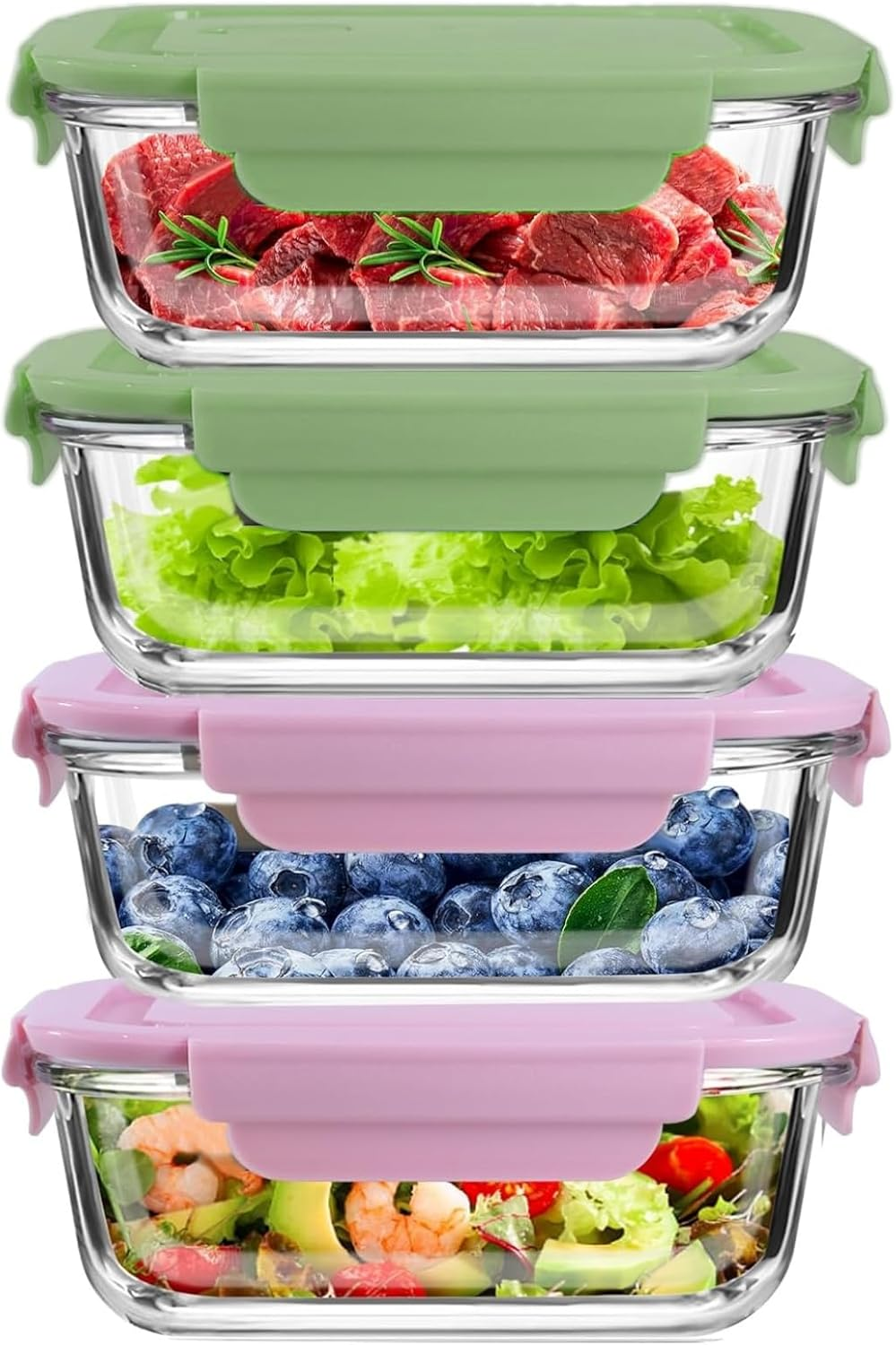 Square Glass Food Storage Containers, 4 Pack 23Oz/0.68L Glass Meal Organizers with Airtight Lids, for Lunch Sandwich Fruit Snack, Dishwasher Microwave Freezer Safe (Green and Pink)