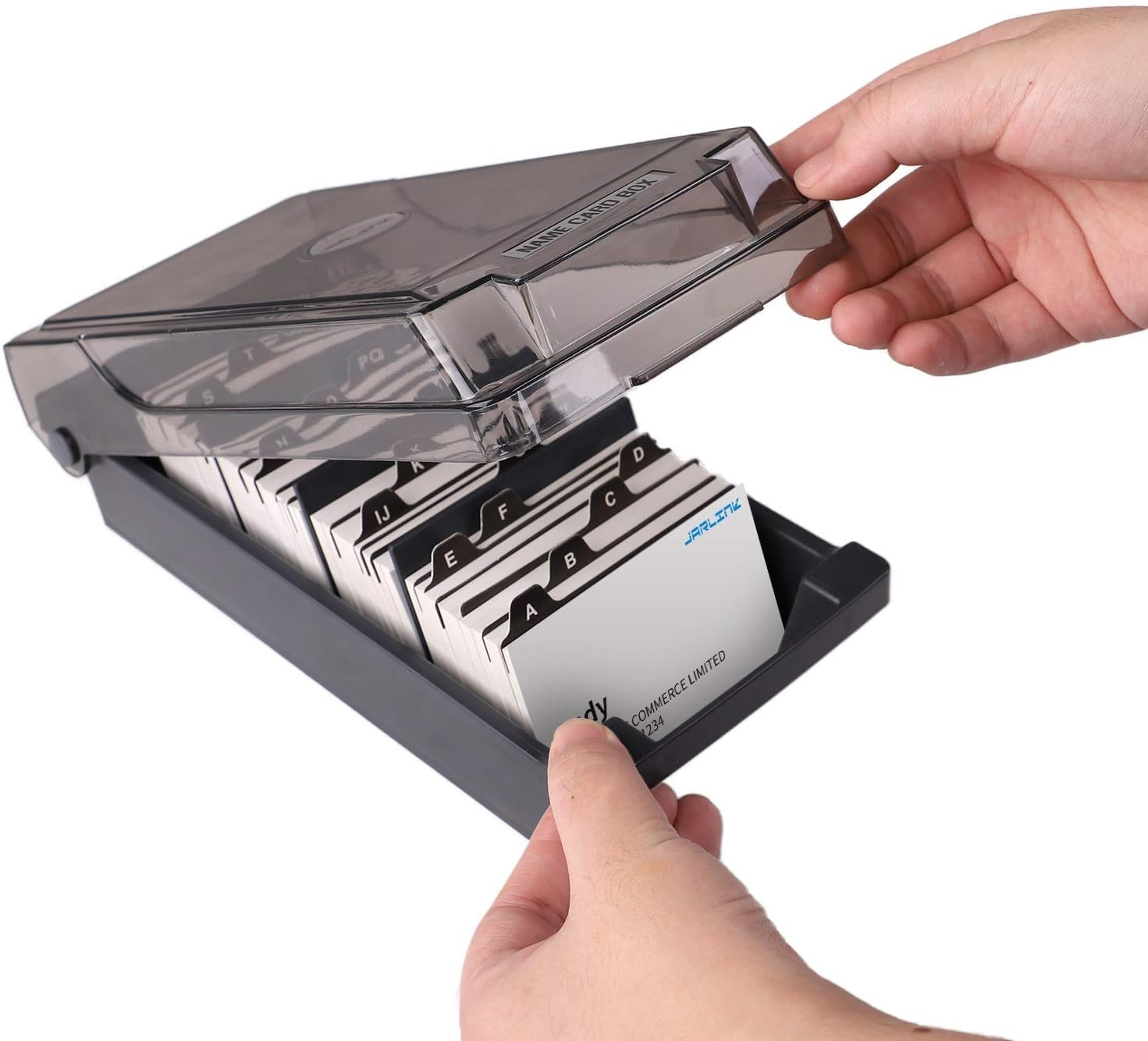 Hamosky Business Card Holder Box Business Card Box Business Card File Business Card Storage Business Index Card Organizer Rolodex, 500 Cards, Card Size: 2.2"X3.6", 4 Divider Board and A-Z Guides, Gray (4 Dividers) image number 5