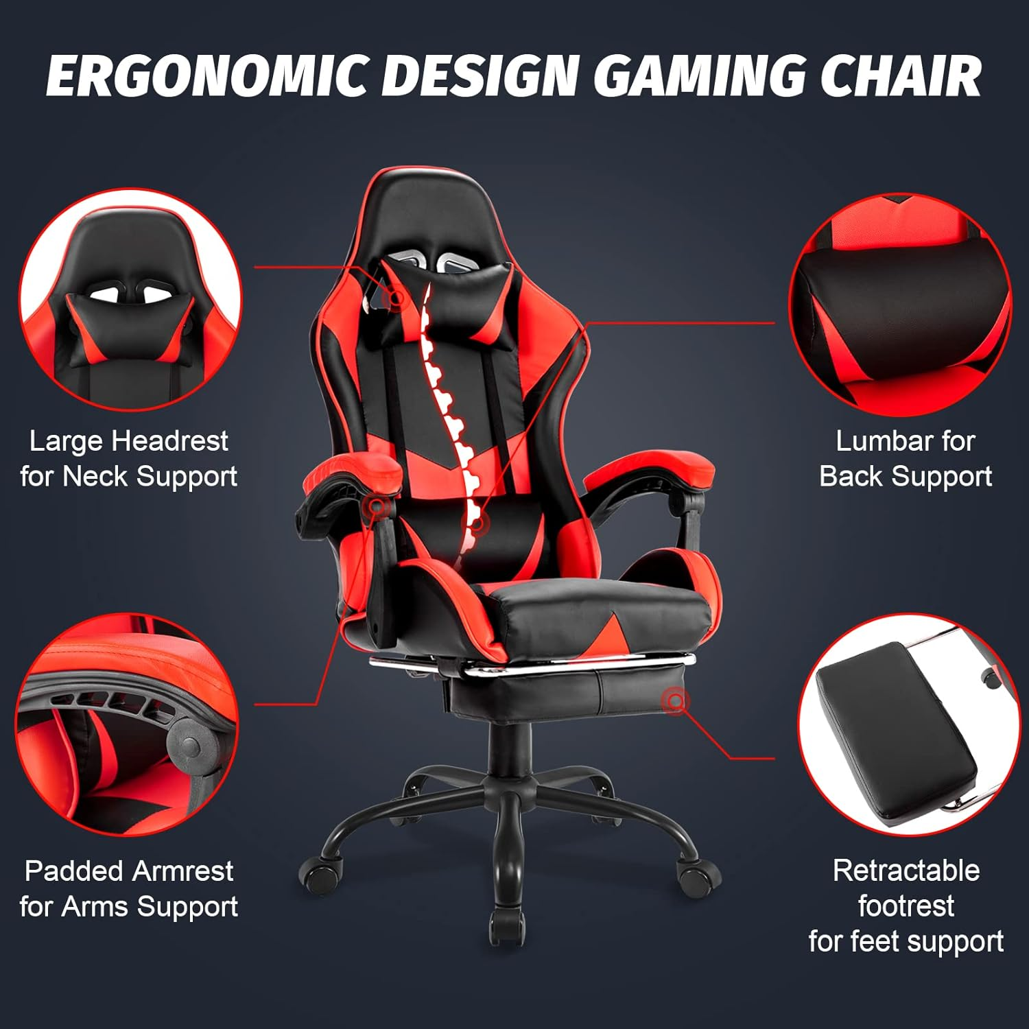 PU Leather Ergonomic Gaming Chair with Footrest Computer Racing Chair Reclining Executive Office Chair Desk Chair for Adults Teens Red & Black image number 6