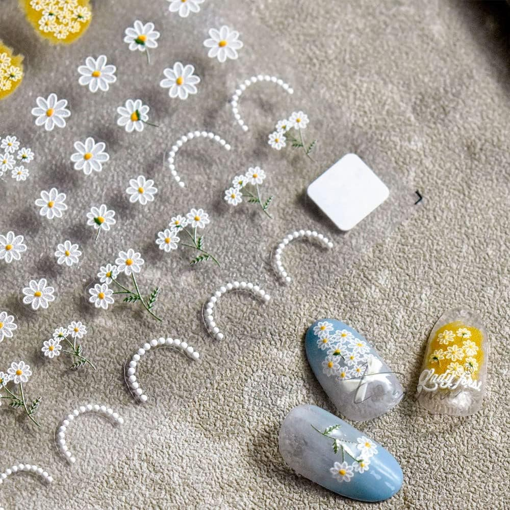 3Sheets 5D Nail Art Sticker Embossed French Pearls Flowers Sunflower Daisy Spring Self-Adhesive Nail Art Decal Supplies Stick Tip for Salon DIY Acrylic Nails Design (Flower) image number 4