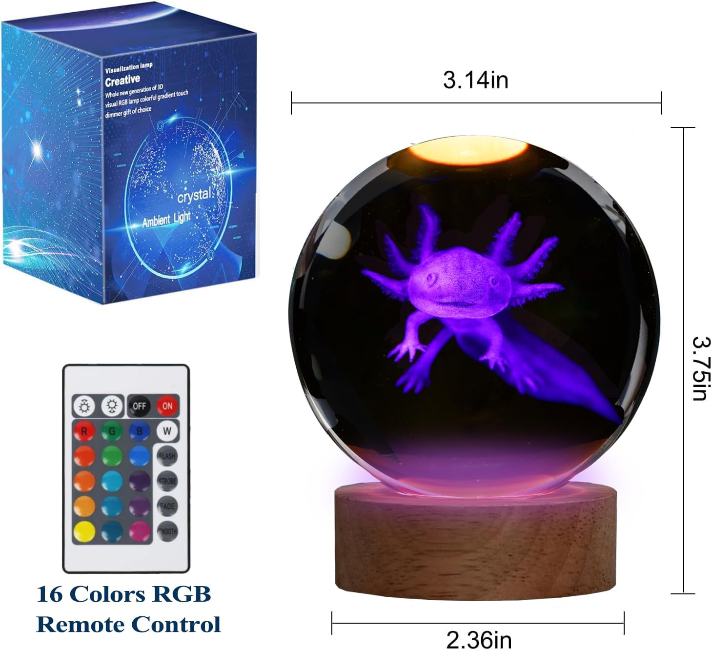 POSSHE Axolotl Night Light, 3D Crystal Ball Lamp with Remote, 16 Color, 3.15 Inch Crystal Ball, Axolotl Figurines, Room Decor, Gifts image number 2