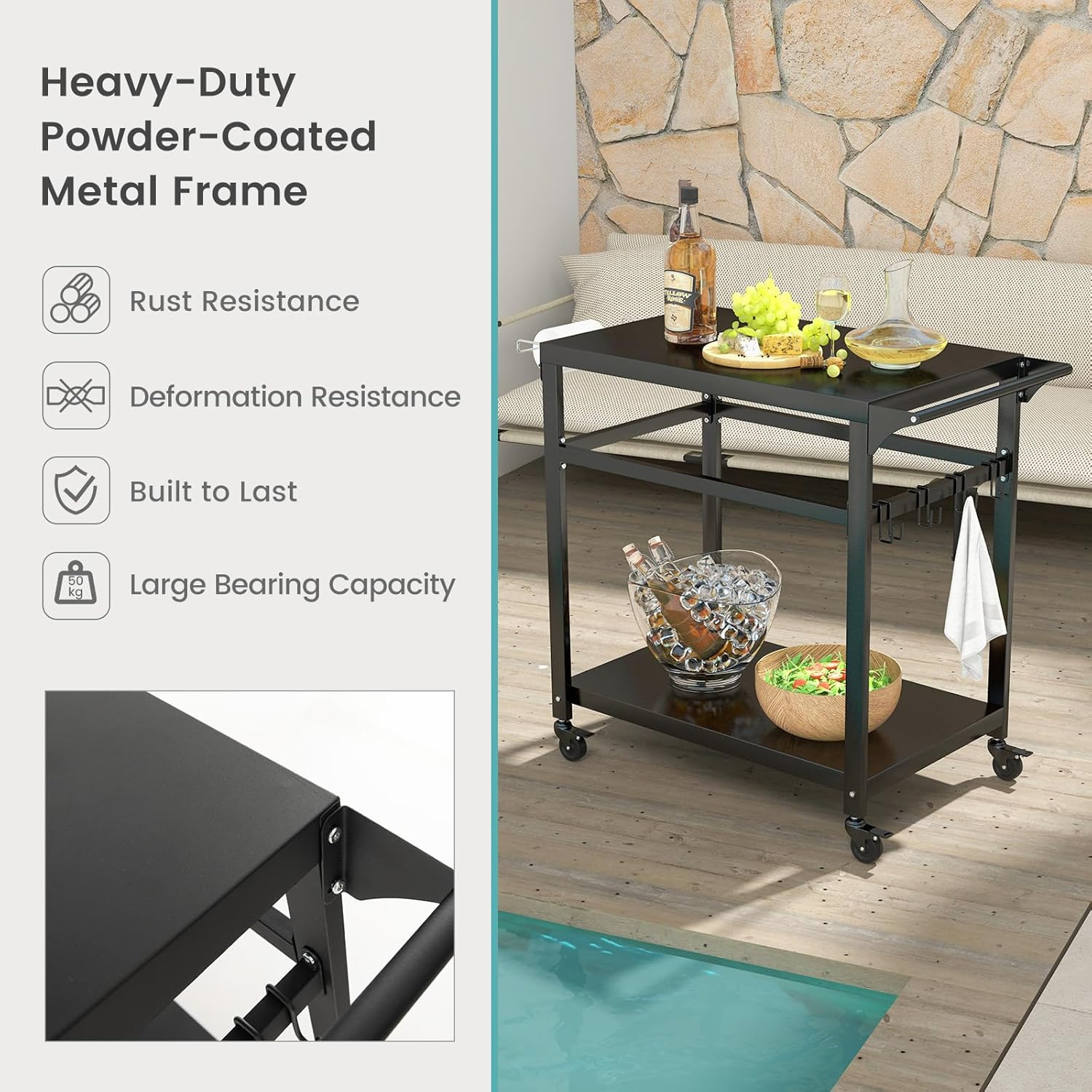 Costway Outdoor Grill Cart Pizza Oven Stand, Movable Dining Cart Work Table with Shelf, Hooks, Multifunctional Backyard Patio BBQ Kitchen Food Prep Cart W/Lockable Wheels, Side Handle image number 6