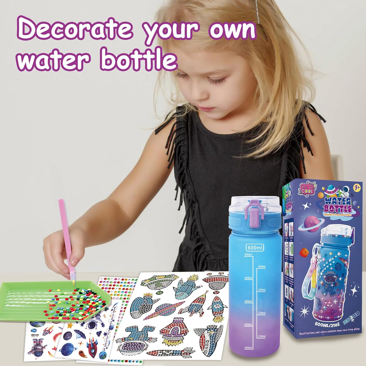 Decorate Your Own Water Bottle Kits for Boys Girls - Gem Diamond Painting Arts and Crafts Toys Gifts for 4-12 Year Old Boys Girls Kids Birthday (Colored Astronauts) image number 4
