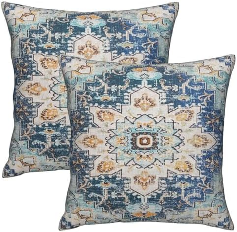 Throw Pillow Cover, Boho Style Ethnic Design Pattern Linen Carpet, Tribal Pattern Throw Pillow Case, Cushion Cover, Home Office Decorative Square 18X18 Inch (2Pcs) (Beige)