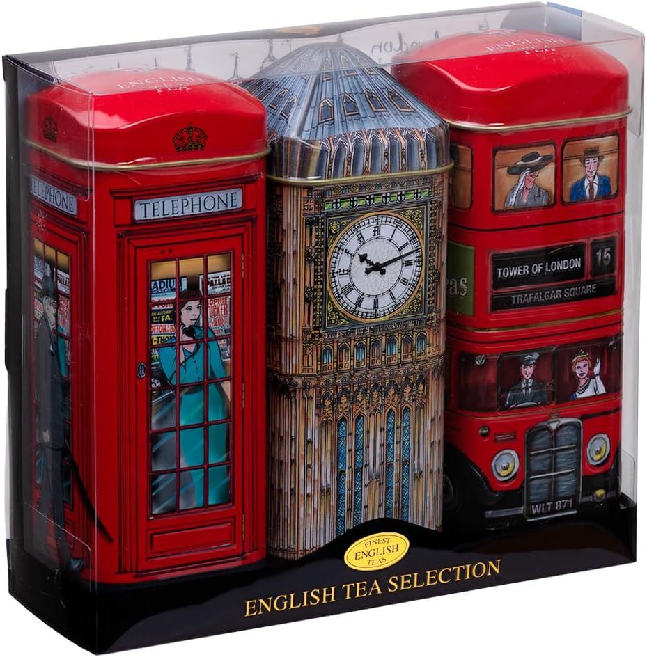 New English Teas British Souvenir 3X Tea Tins with 42 English Breakfast Teabags - Big Ben, London Bus, Telephone Box, UK Foods