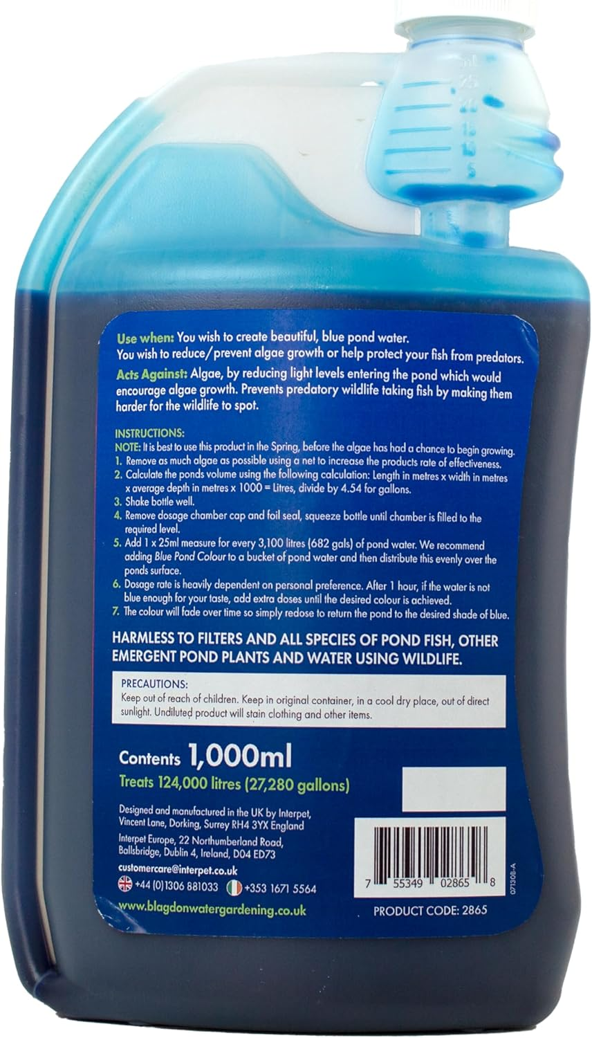 Blagdon Blue Pond Water Colour, Reduces Algae Growth, Helps Protect Fish from Predators, 1,000Ml, Treats 124,000 Litres