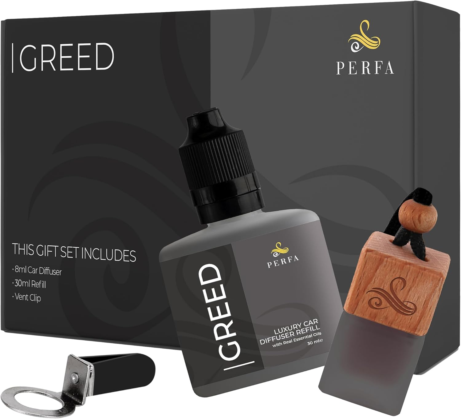 Greed Gift Set with Refill Bottle | Perfume Style Freshener | Strong Car Freshener with Odour Eliminator Technology | Automotive Air Freshener | Car Scents by Perfa