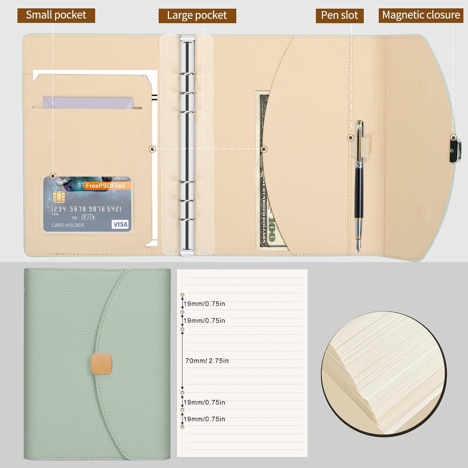 FYY PU Leather A5 Binder Notebook - Refillable 6 Ring Planner with 100 Sheets/200 Pages Refillable Lined Paper for School Office Travel - Sage Green image number 2