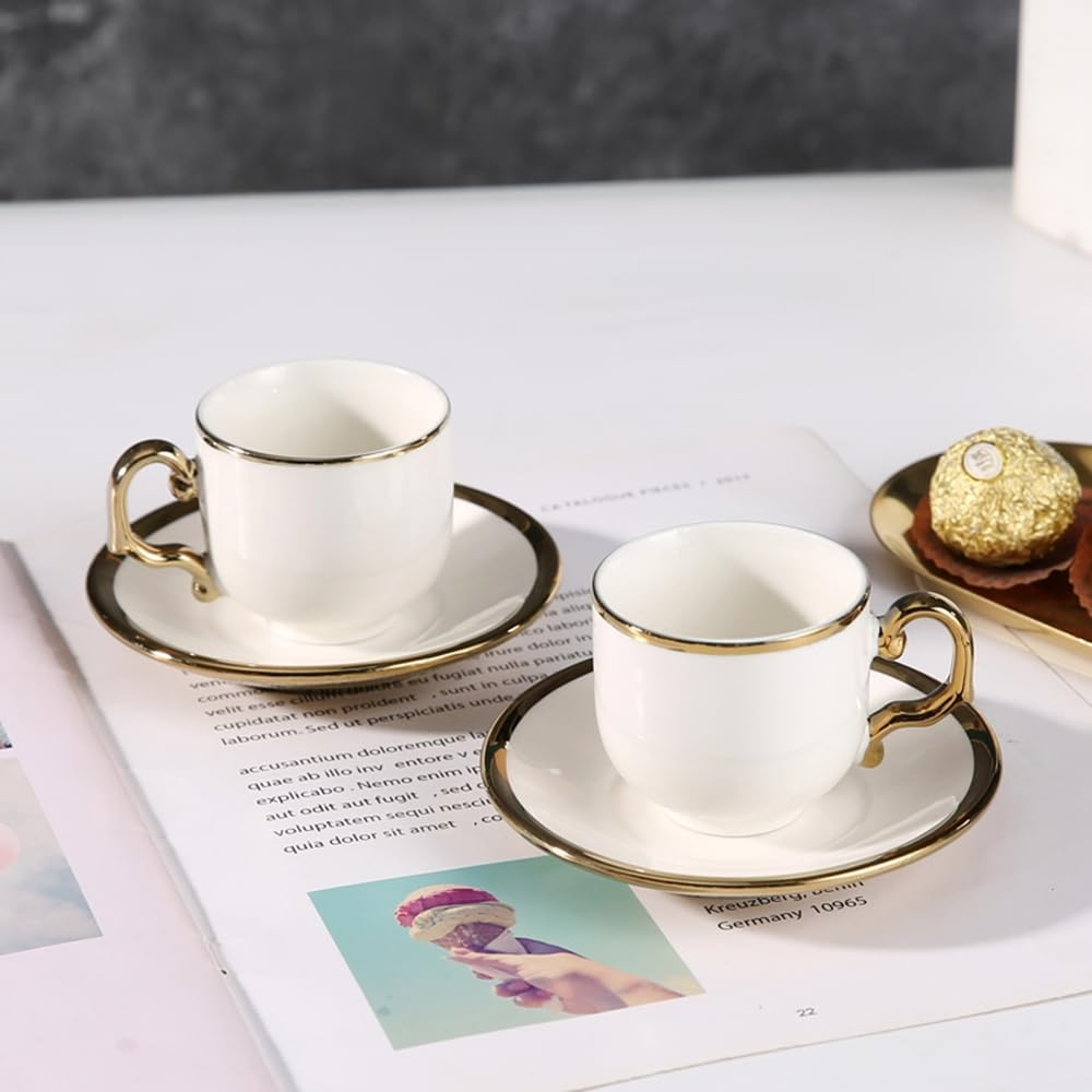 Frafuo 6Pcs Espresso Turkish Coffee Cups and Saucers Set - Elegant Ceramic Tea Cups with Modern Gold Trim, Dishwasher & Microwave Safe, 90Ml Capacity, Luxury Gift Box Packaging(White) image number 1