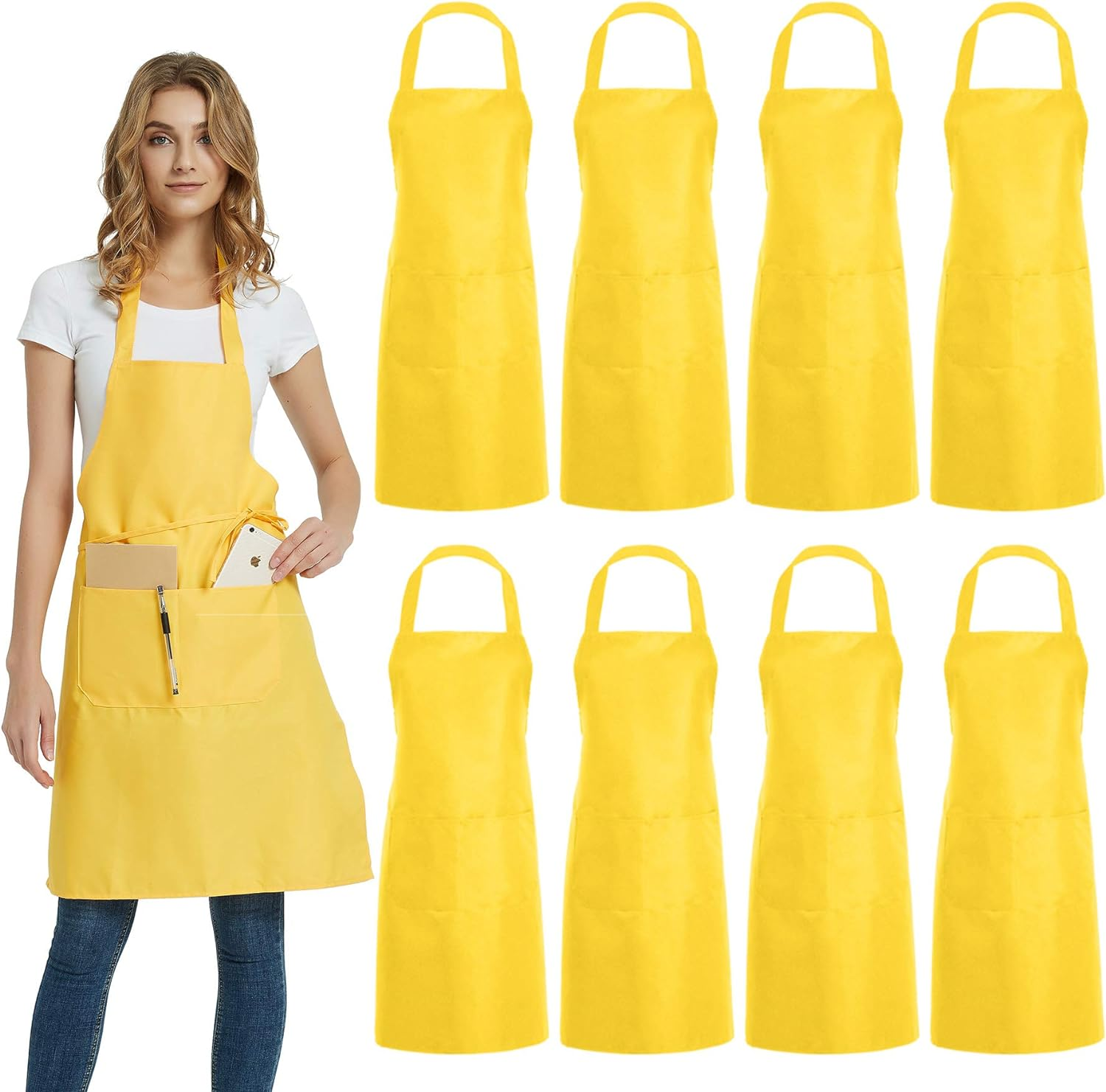 DUSKCOVE 8 Pack Bib Aprons Bulk - Unisex Black Commercial Apron with 2 Pockets for Kitchen Crafting BBQ Drawing Cooking