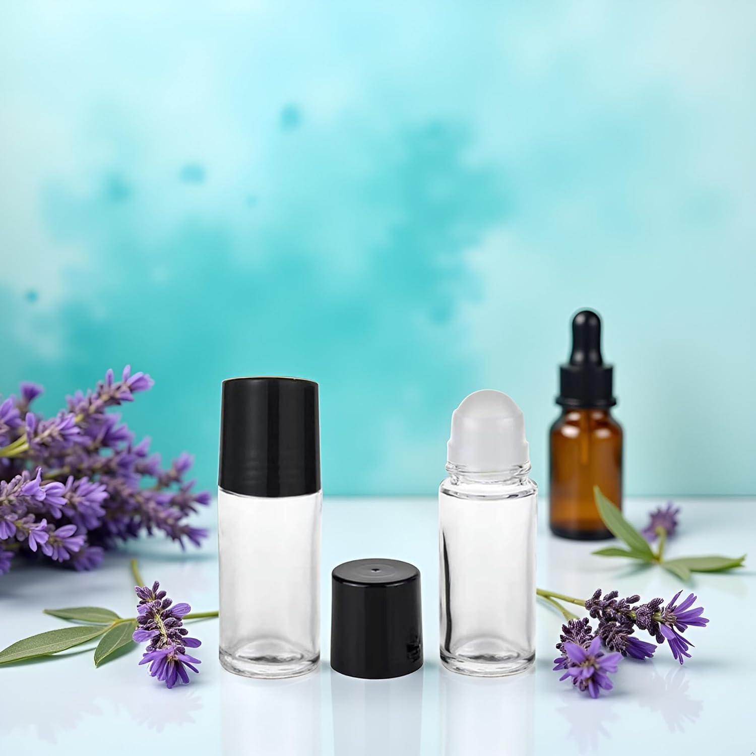 2Pcs Black Clear Empty Glass Essential Oil Roller Bottles Vials Containers Refillable Roll-On Bottles with Funnel Refillable Cosmetic Containers Roller (30ML)