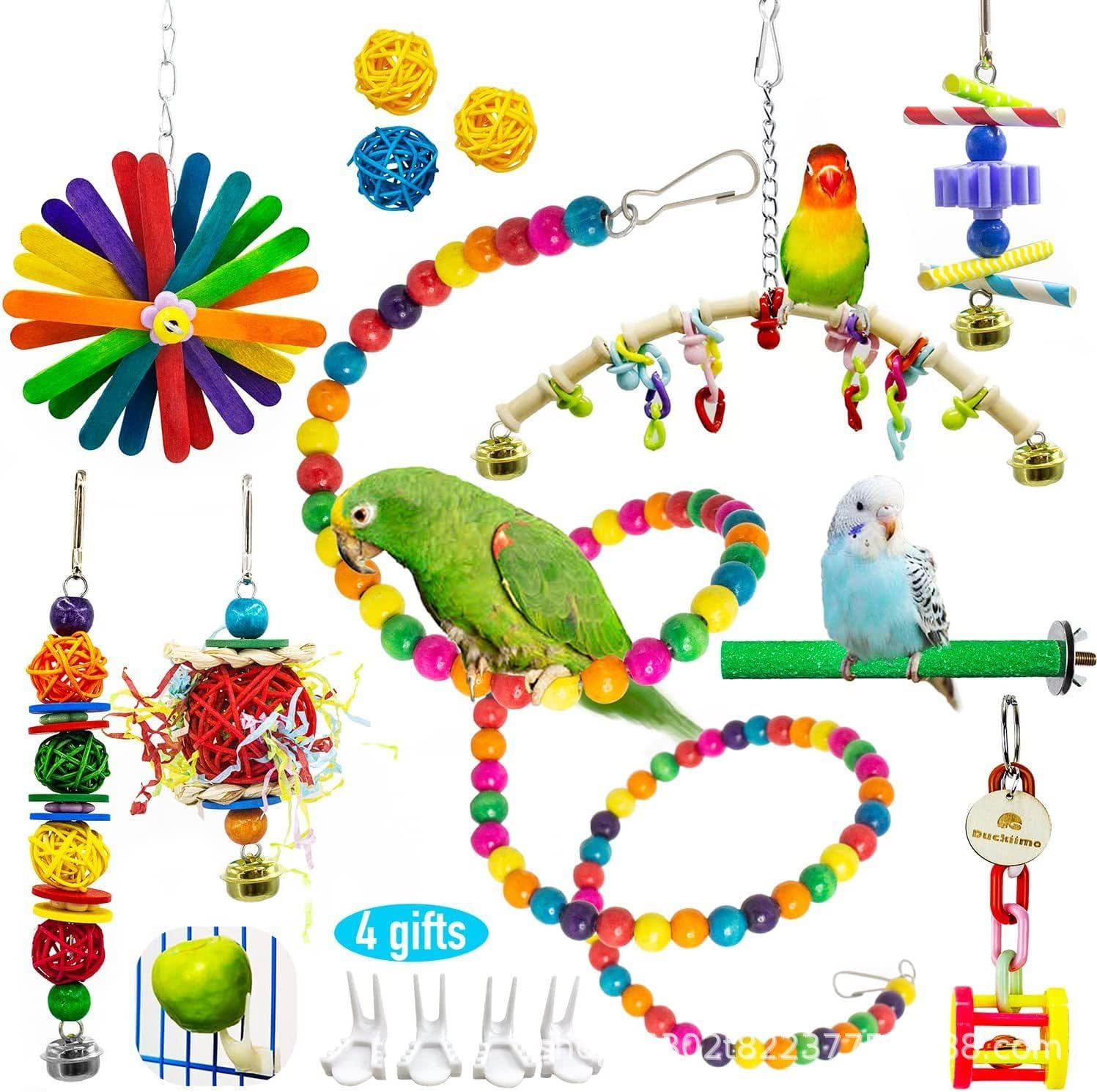 Uandhome Bird Parakeet Toys,15 Pcs Parrot Toys,Parakeets Toy,Birds Ladder Swing,Hanging Bird Toyes for Parrots,Cockatiel Toys for Parakeet,Conure,Finches (Stand) image number 2