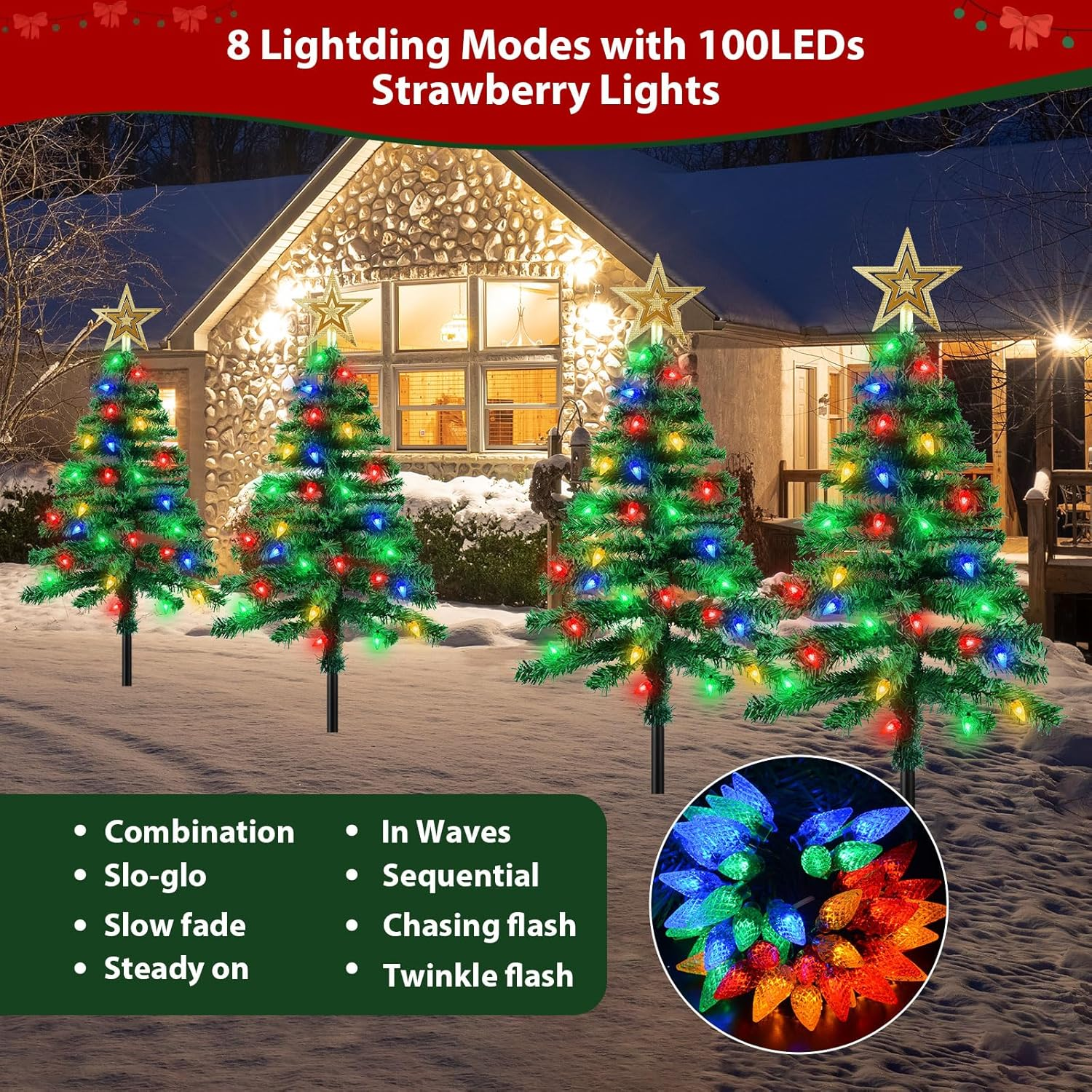 Ninonly Solar Christmas Tree Light 2 Pack, 1.1M 1000Mah Solar Powered Christmas Garden Light 8 Modes Waterproof C6 Strawberry 100Leds Solar Yard Stake Pathway Lights for Christmas Outdoor Decoration image number 3