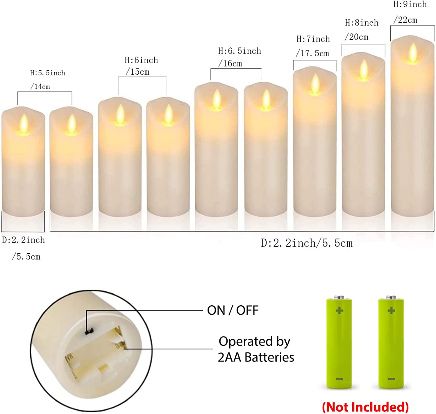 Flameless Candles Led Candles Set of 9 (H 4" 5" 6" 7" 8" 9" X D 2.2") Ivory Real Wax Battery Candles with Remote, Flameless Battery Candles for Candlelight Dinner, Home, Wedding Decoration image number 3