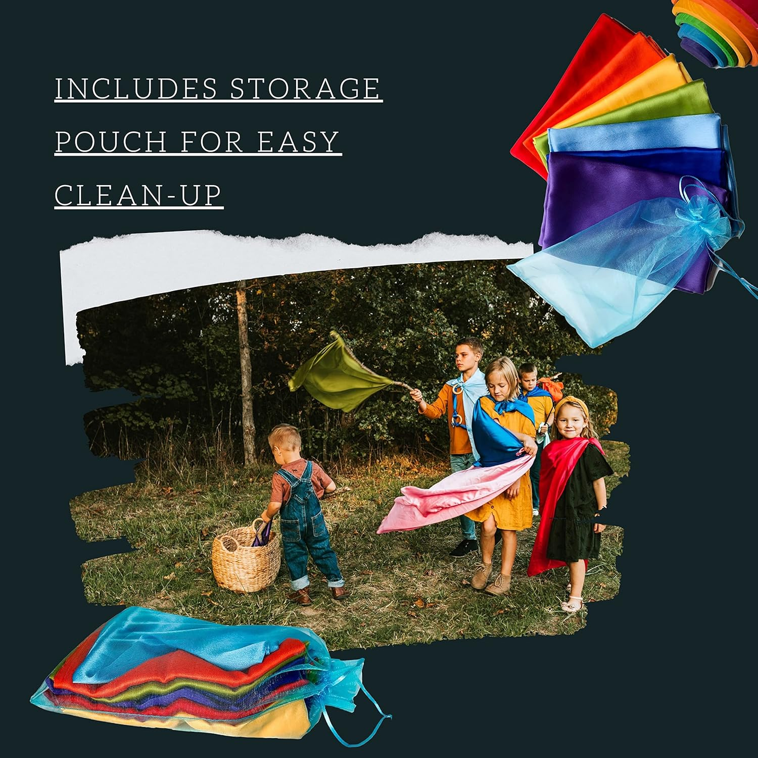 Melodie Naturals Play Scarves &ndash; Fun and Colorful Dress up Scarves for Kids &ndash; Ideal for Montessori and Waldorf Activities &ndash; 7Pc Vegan Play Silks image number 3