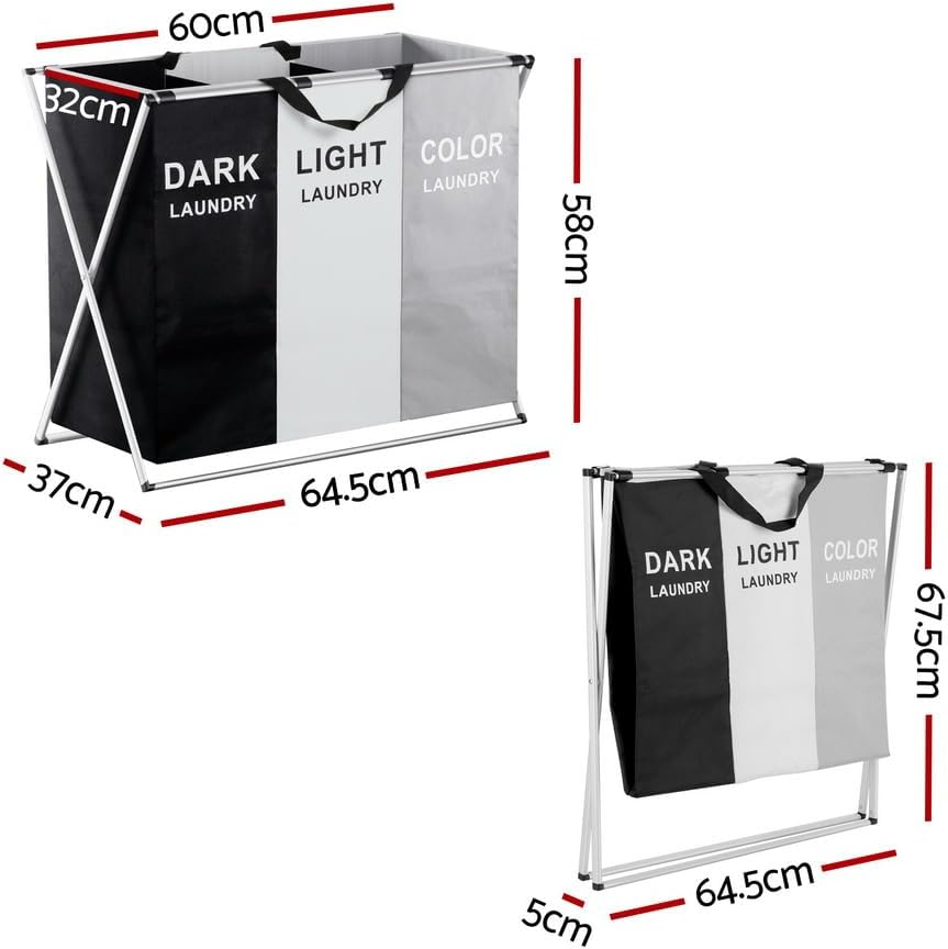 Artiss 3 Sections Laundry Basket, Collapsible Double Laundries Hamper Bag Washing Bags Foldable Dirty Clothes Storage Large Container Organization, for Home Bathroom Bedroom image number 3