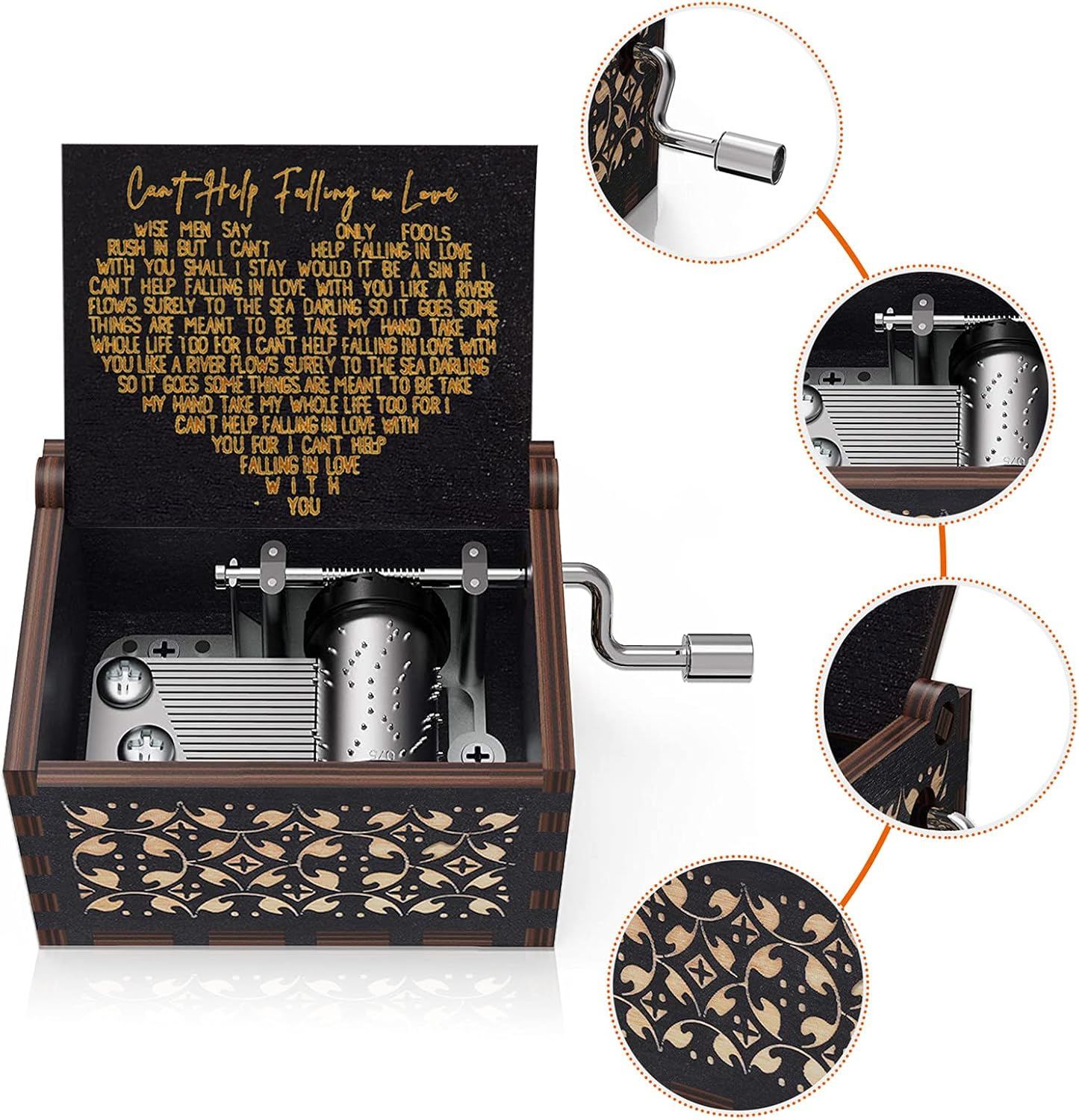 Can&rsquo;T Help Tune Music Box Black Hand Crank Vintage Wood Carved Musical Box Gifts for Lover, Boyfriend/Girlfriend/Husband/Wife/Lovers on Birthday/Valentine'S Day/Anniversary - Dad To Daughter 5 image number 6