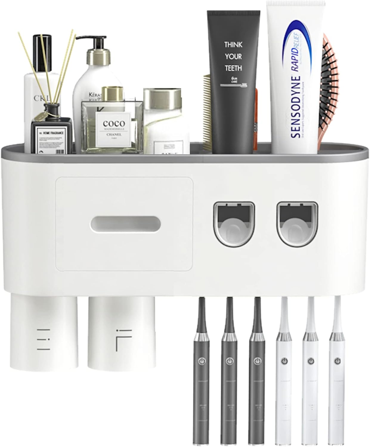 Hushnow Toothbrush Holder Wall Mounted,Double Automatic Toothpaste Dispensers with 6 Brush Slots 3 Magnetic Cups 1 Cosmetic Drawer Organizer 1 Large Storage Tray,Grey Toothbrush Holder Set