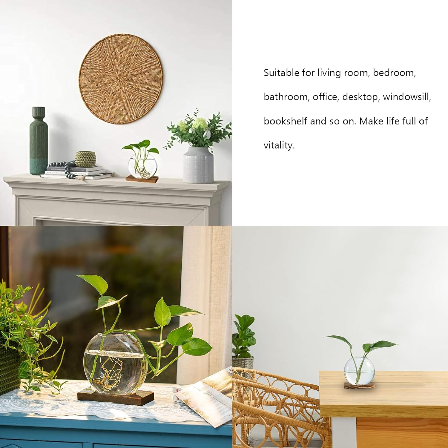 Desktop round Glass Planter Propagation Stations - Propagation Vases Plant Terrarium Propagation Jars with Wooden Stand for Propagation Hydroponic Water Plants Home Office Decor,2 Pack,Brown image number 5