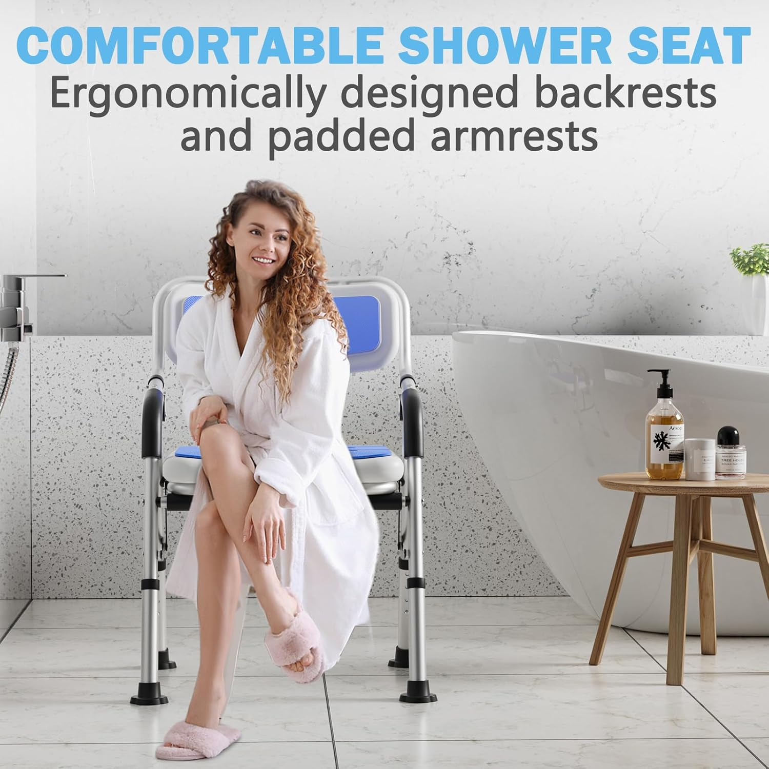 Shower Chair Adjustable U-Shaped Bath Chair Aluminum Alloy Frame Shower Stool with Back & Armrests for Elderly Disabled Bathroom, Hold up to 150 KG image number 1