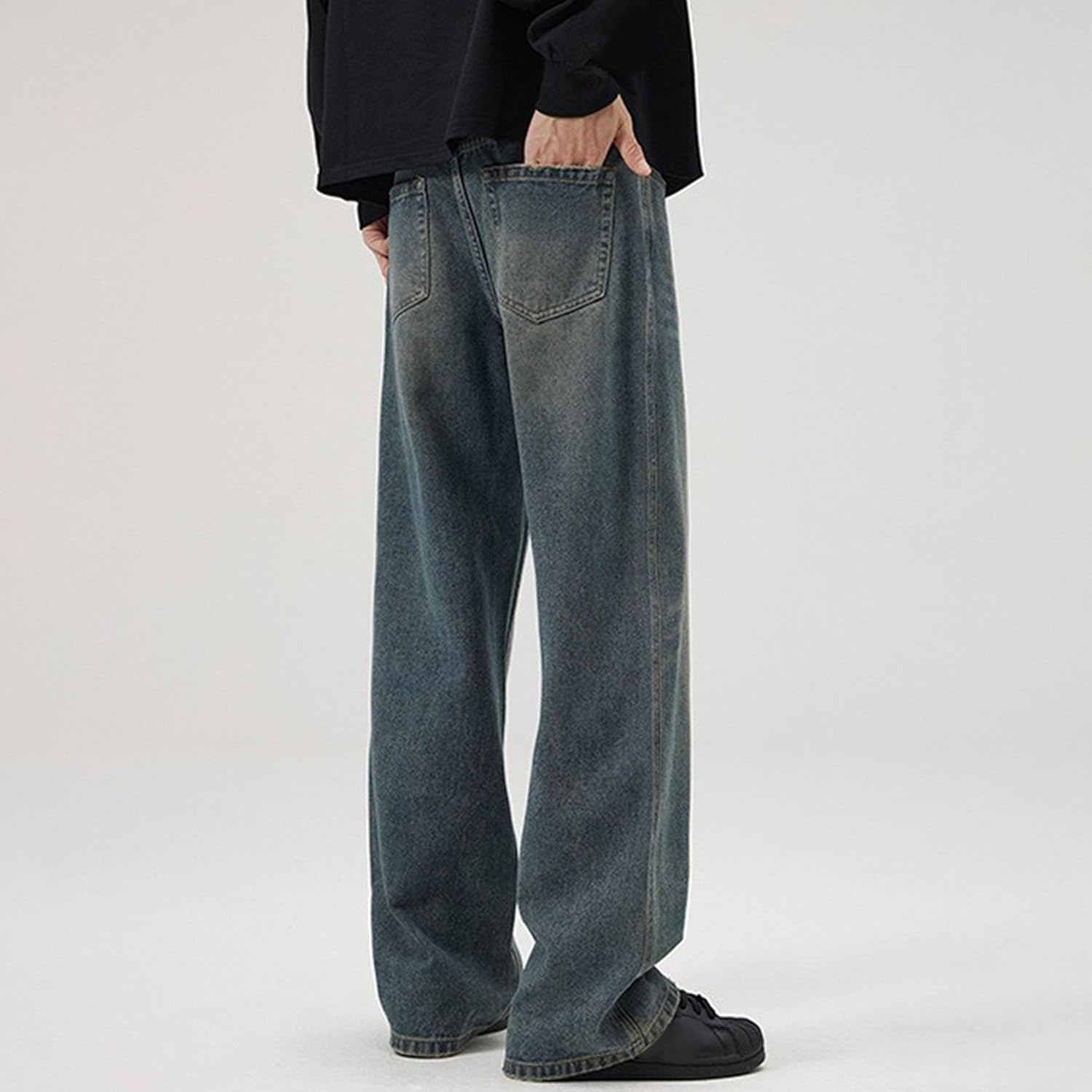 Men Loose Fit Skateboard Denim Pants Vintage Relaxed Fit Denim Trousers Baggy Y2K Hip Hop Jean Pants, Blue 1, L image number 4