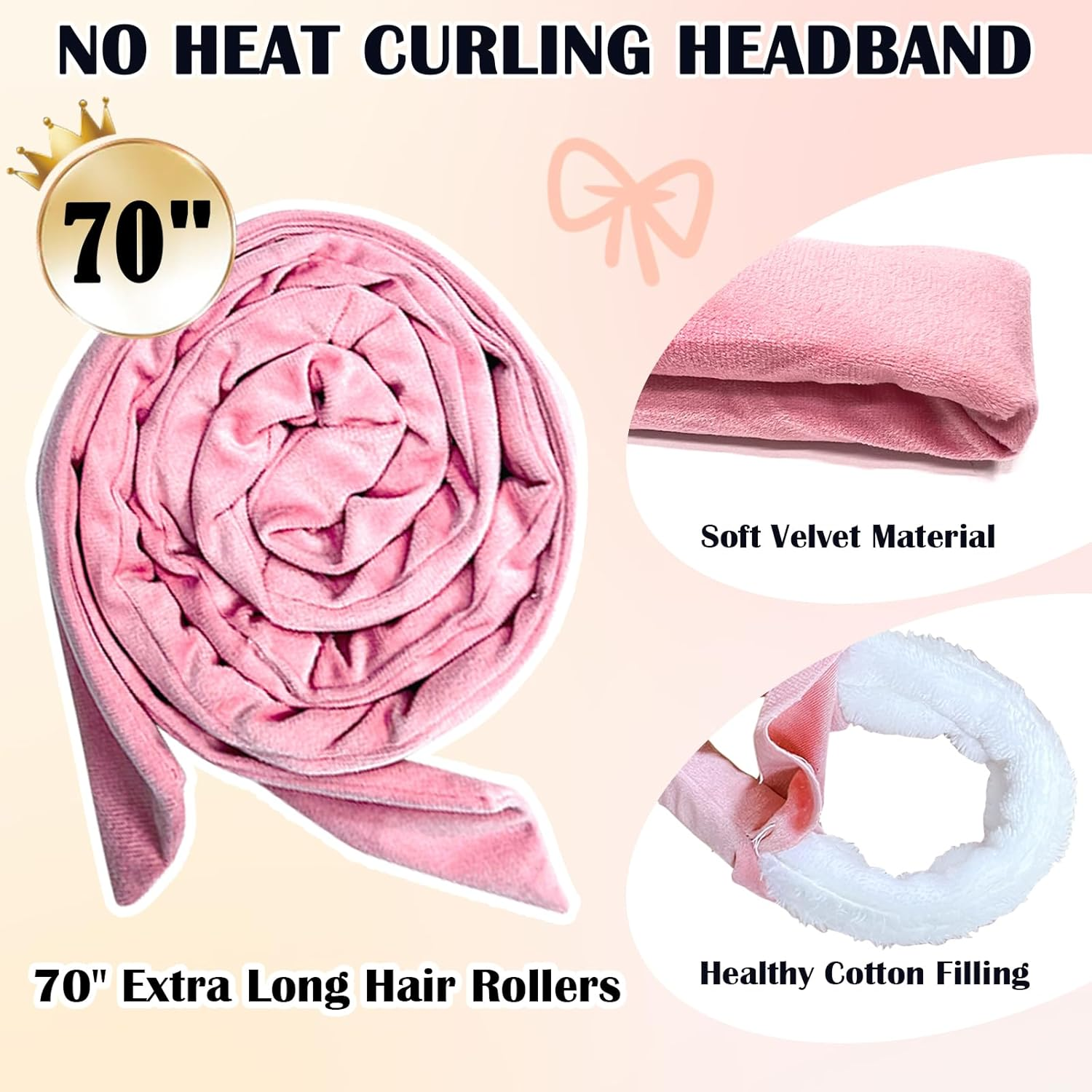ZILAMPU No Heat Overnight Curling Headband for Long Waves, 70" Soft Curl Wrap for Women Girls, 6 PCS Curling Rod Gift Set - Pink image number 3