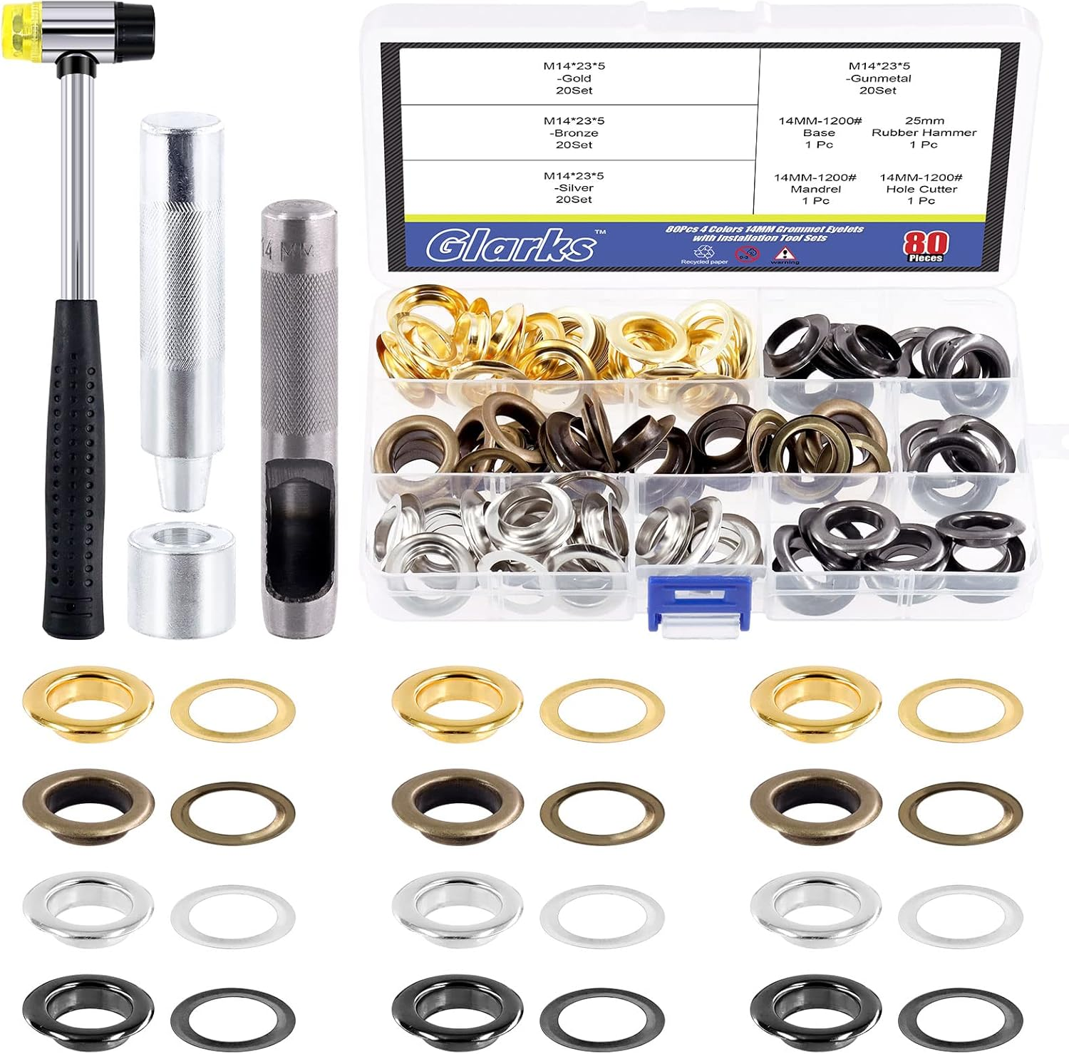 Glarks 82Pcs 14MM Thickened Grommets Eyelets with Tool Sets, 80Pcs 4 Colors Grommets Eyelets with Washers and 4Pcs Installation Tools for Fabric, Canvas, Curtain, Clothing, Leather Repair