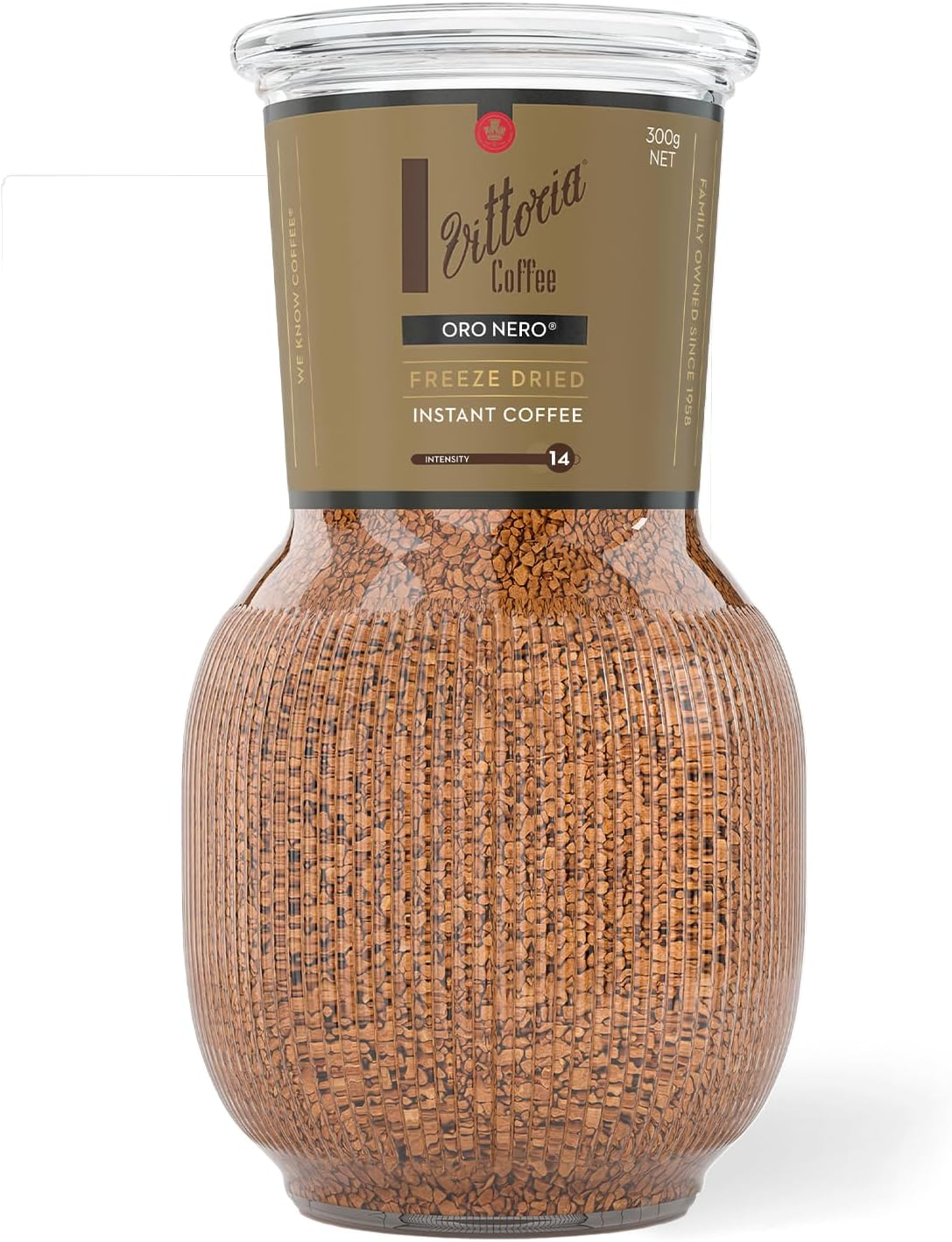 Vittoria Coffee Oro Nero Dark Roasted Instant Freeze Dried Coffee. Reusable Glass Jar Vase - 300G. Medium-Dark Intensity 14/15. Rich, Full Bodied Cup. image number 4