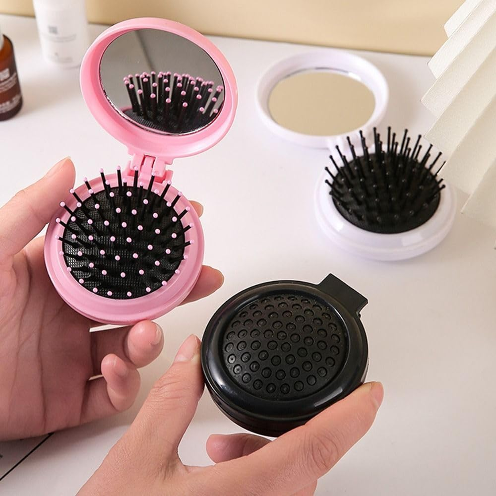 2Pcs Black and Pink Folding Travel Hair Brush with Mirror, round Portable Folding Pocket Hair Brush Mini Hair Massage Compact Mirror with Comb Travel Size for Men Women Styling Tools and Appliances