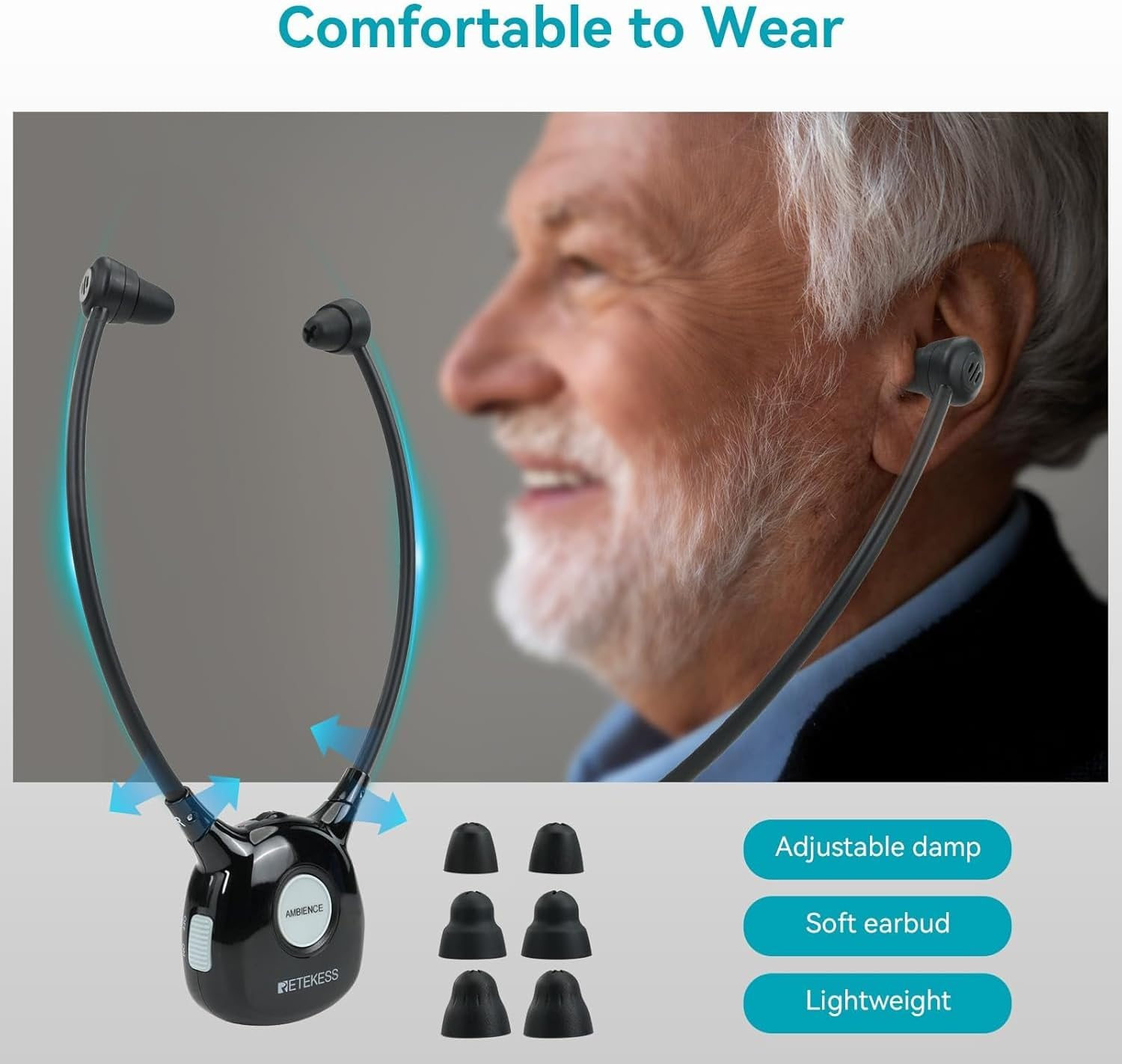 Retekess TA008 Wireless Headphones for TV, Digital Headset System, TV Ears with Sound Amplifier,For Hard of Hearing Seniors,Two Battery for Long Time TV Watching,100Ft Long Range, Support Most Tvs image number 2